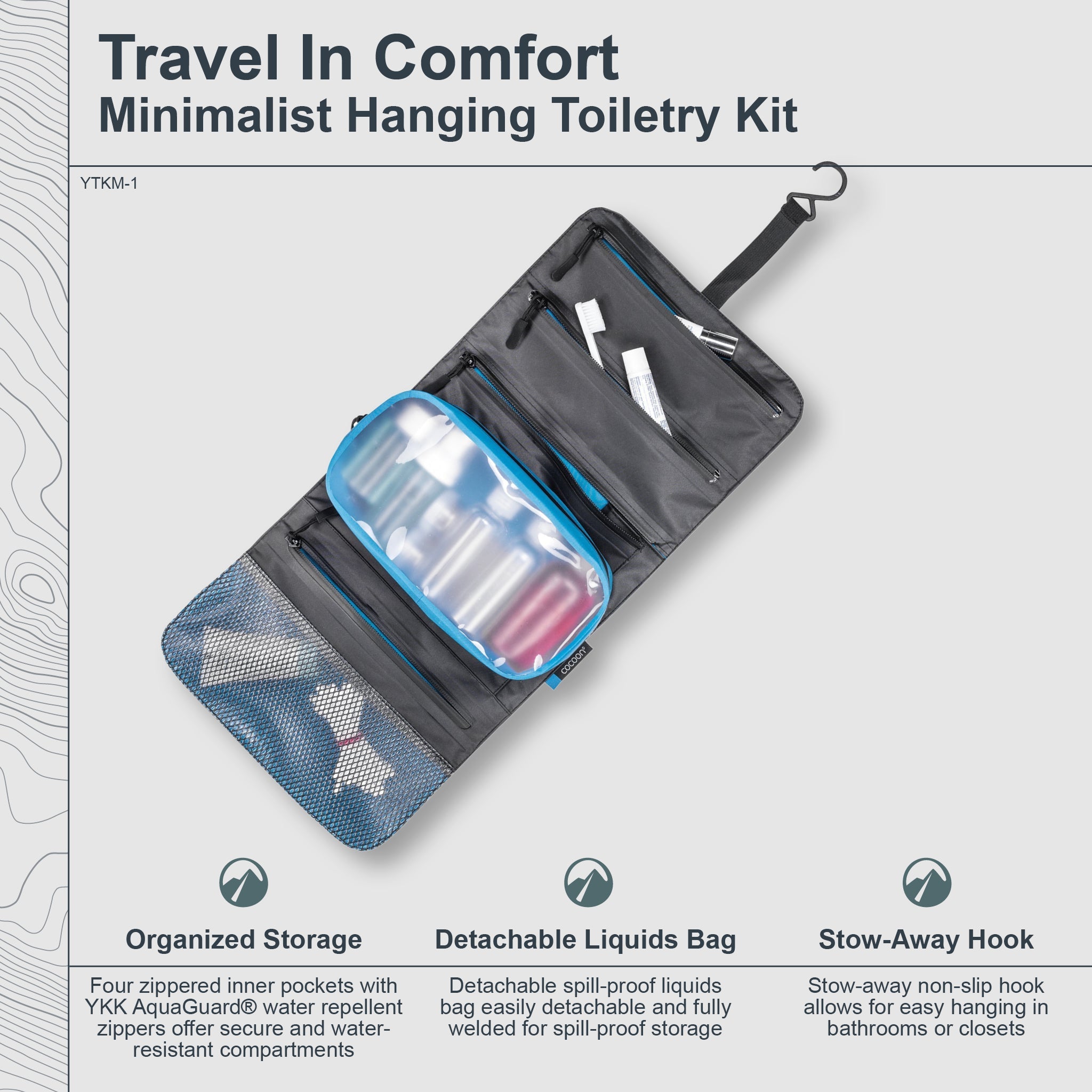 Minimalist hanging toiletry kit with organized storage, detachable liquids bag, and stow-away hook on a light gray background.