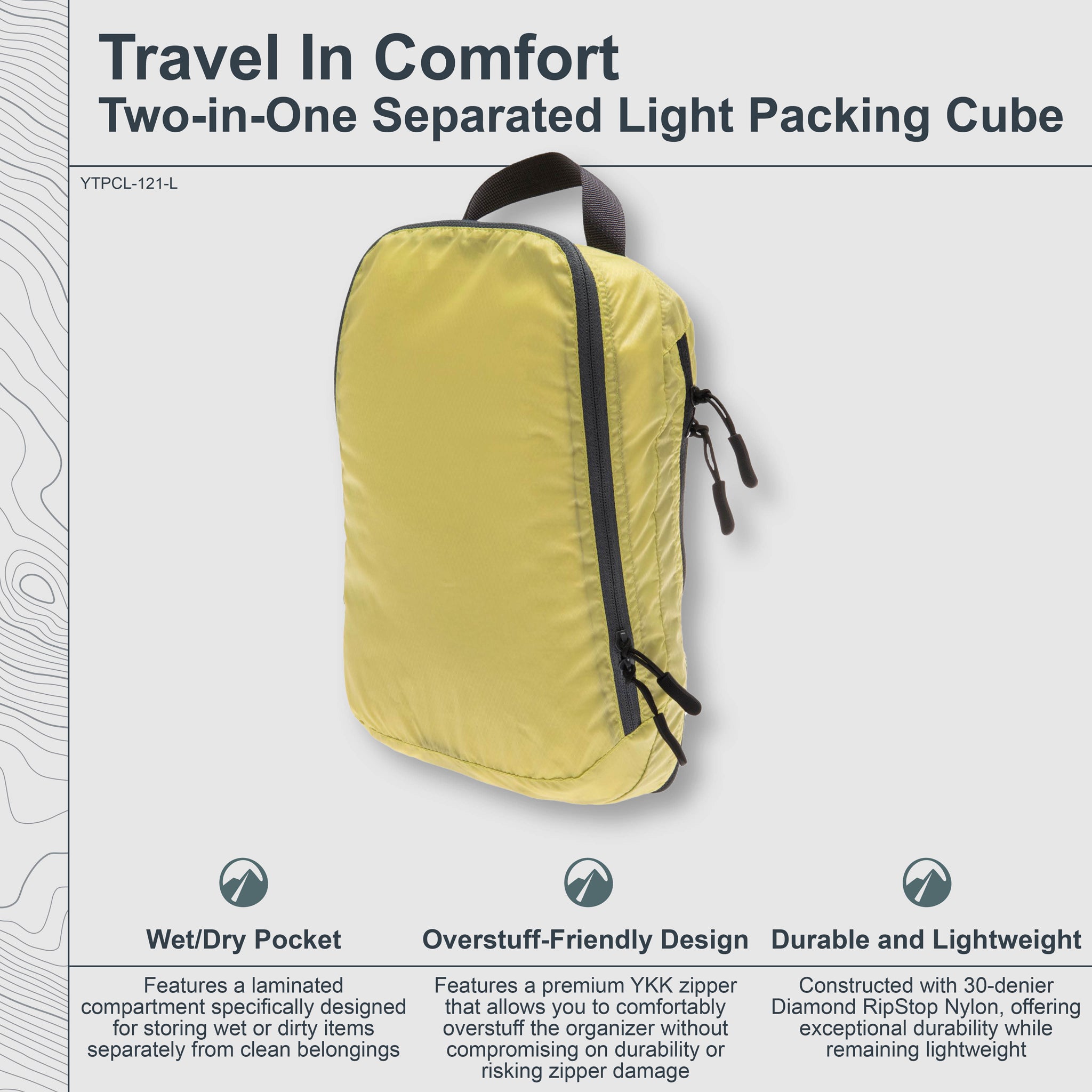 Yellow two-in-one separated light packing cube with text on a gray background