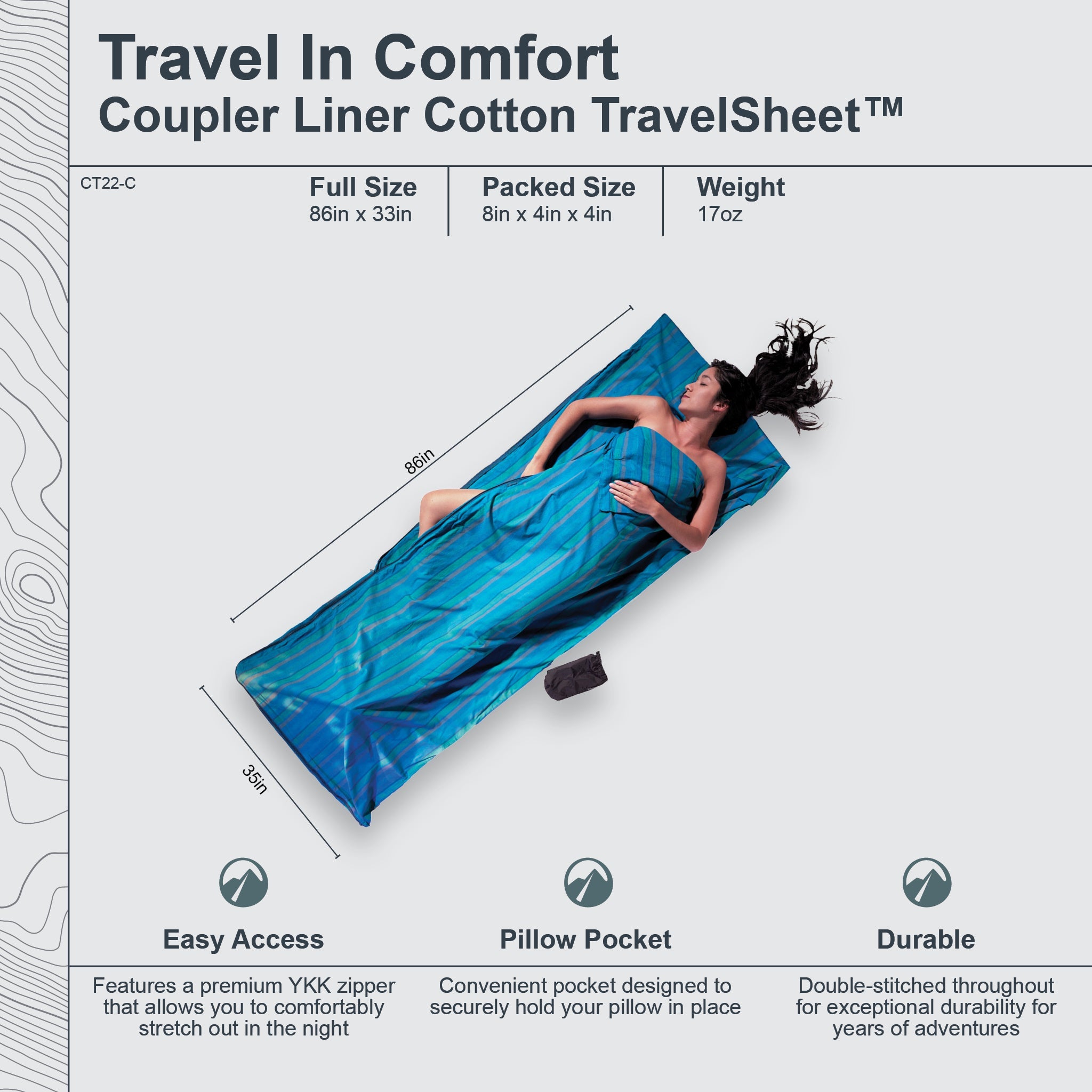 Blue travel sheet with a person lying on it, displayed against a white background with product details.