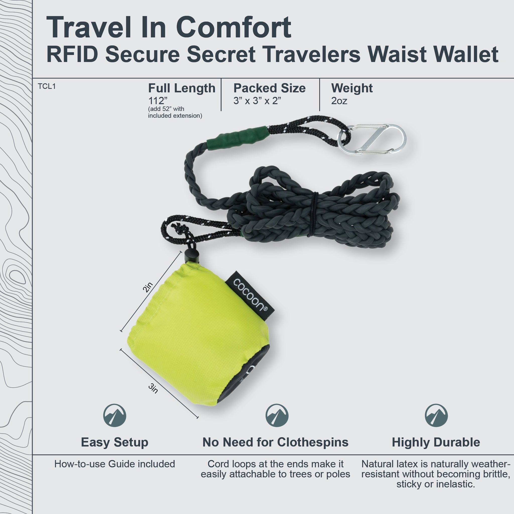Yellow waist wallet with lanyard on a white background with product details.