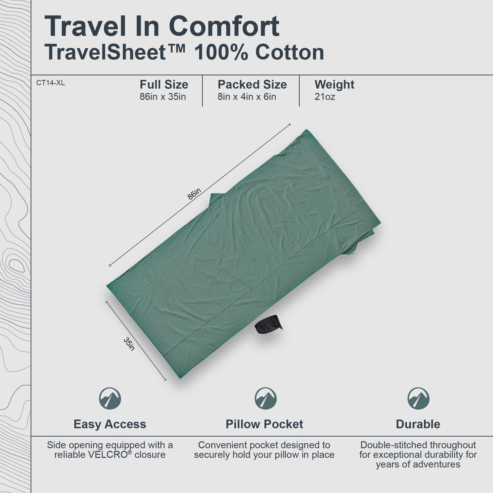 Green travel sheet with dimensions and features on a white background
