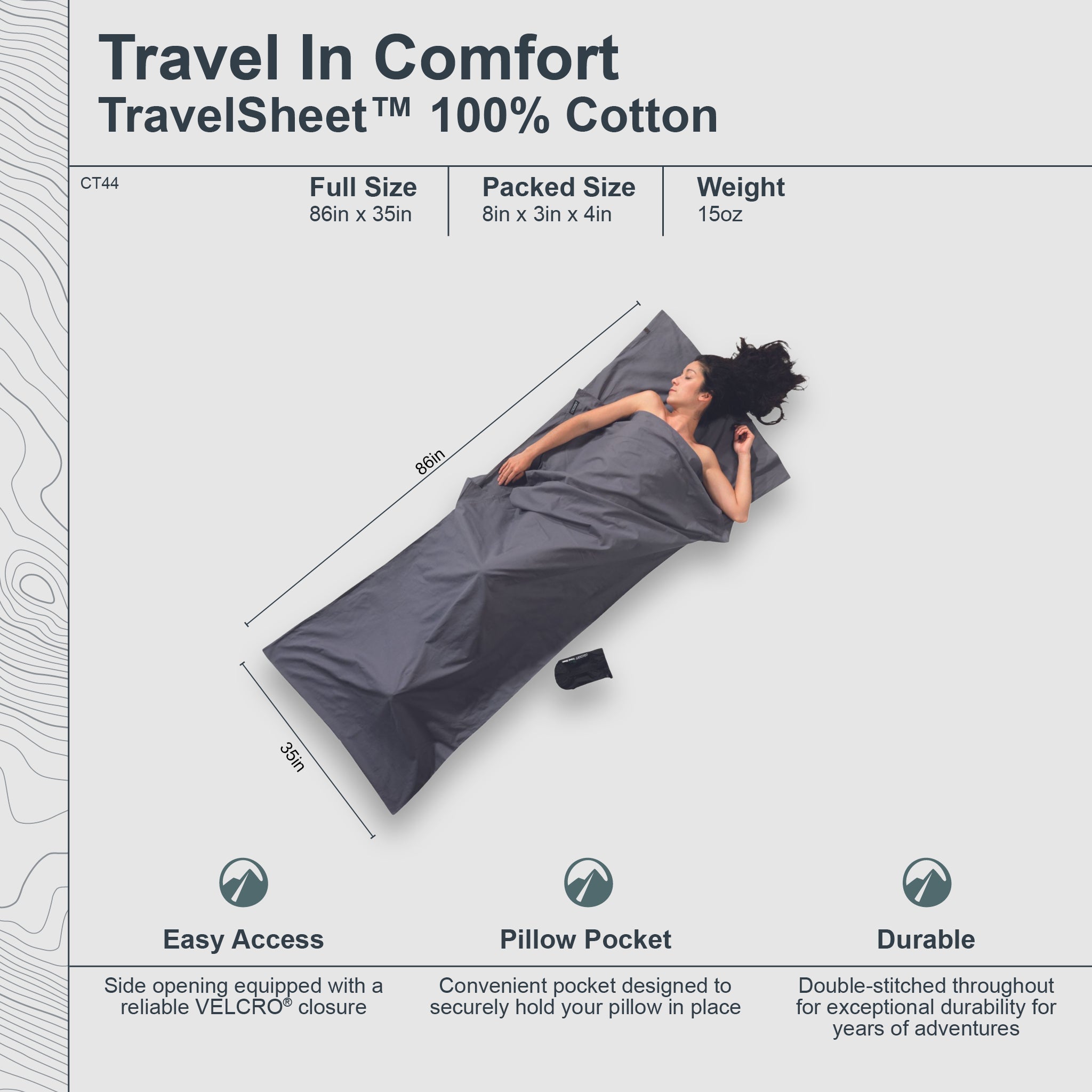 Travel sheet with a person lying on it, showing dimensions and features.