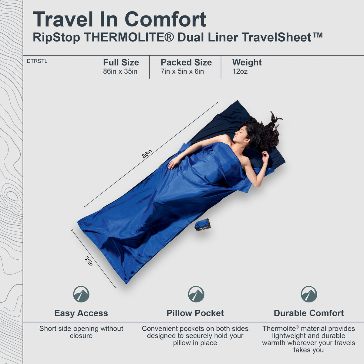 Blue travel sheet with a person lying on it, displayed with product details and features.