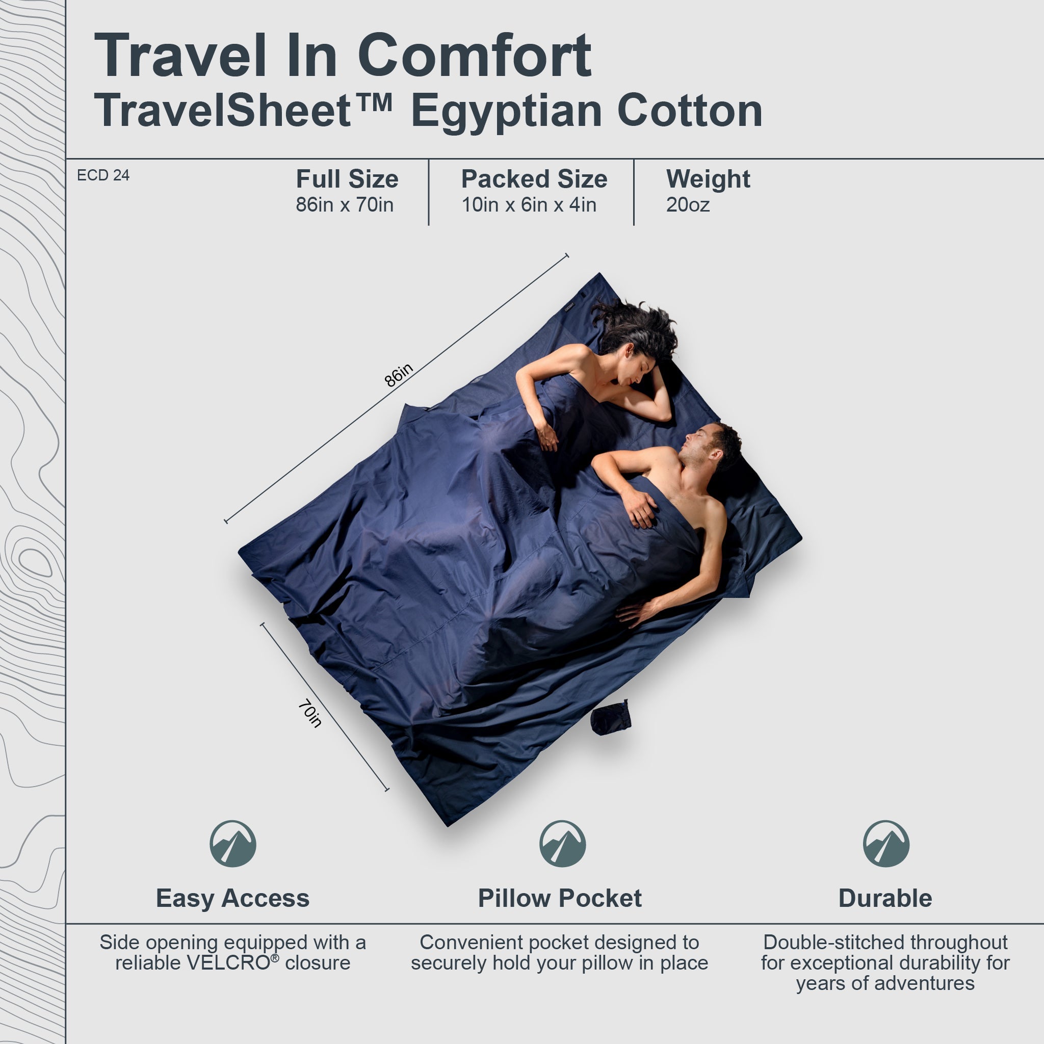 Travel sheet with measurements and features on a white background
