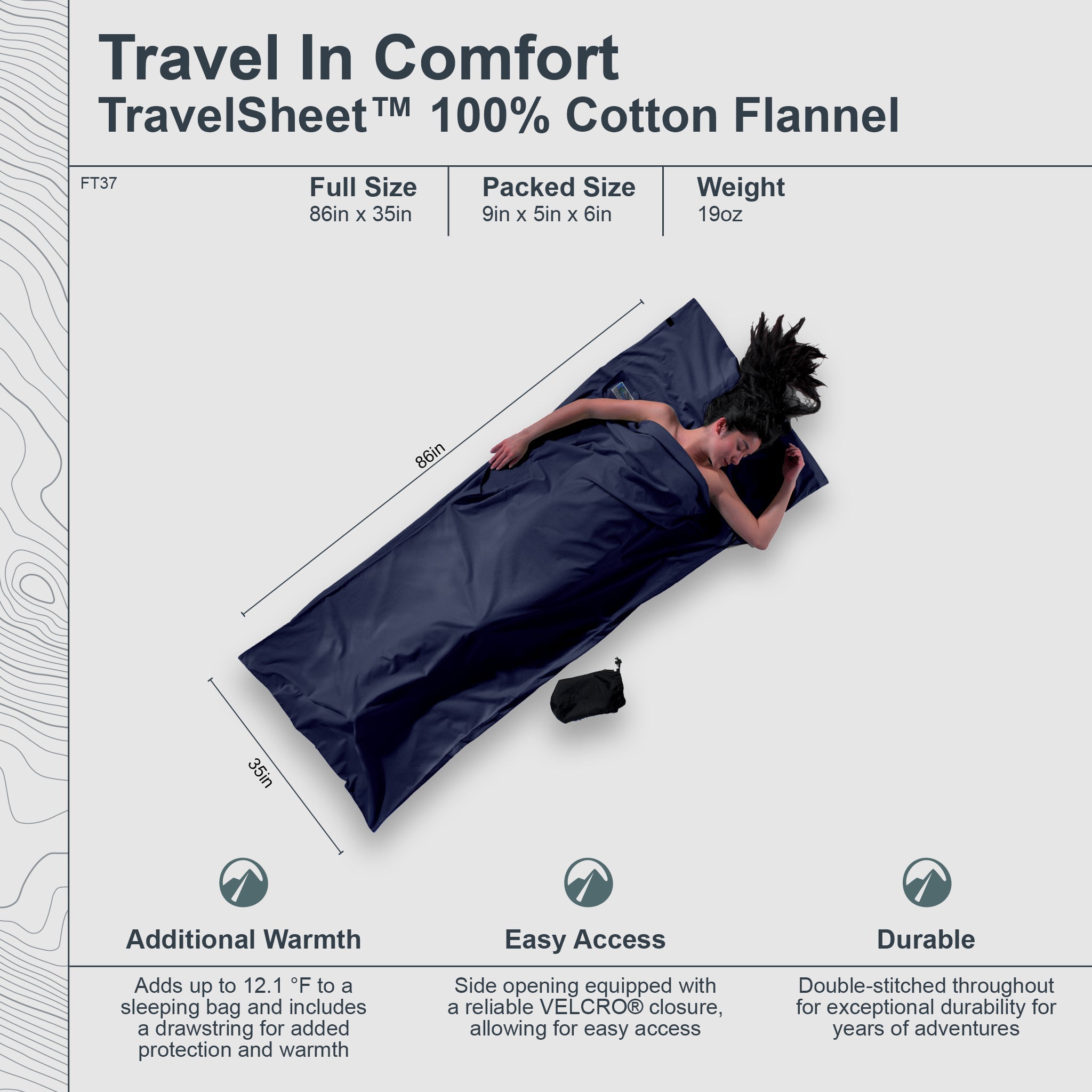 Travel sheet with dimensions and features on a white background