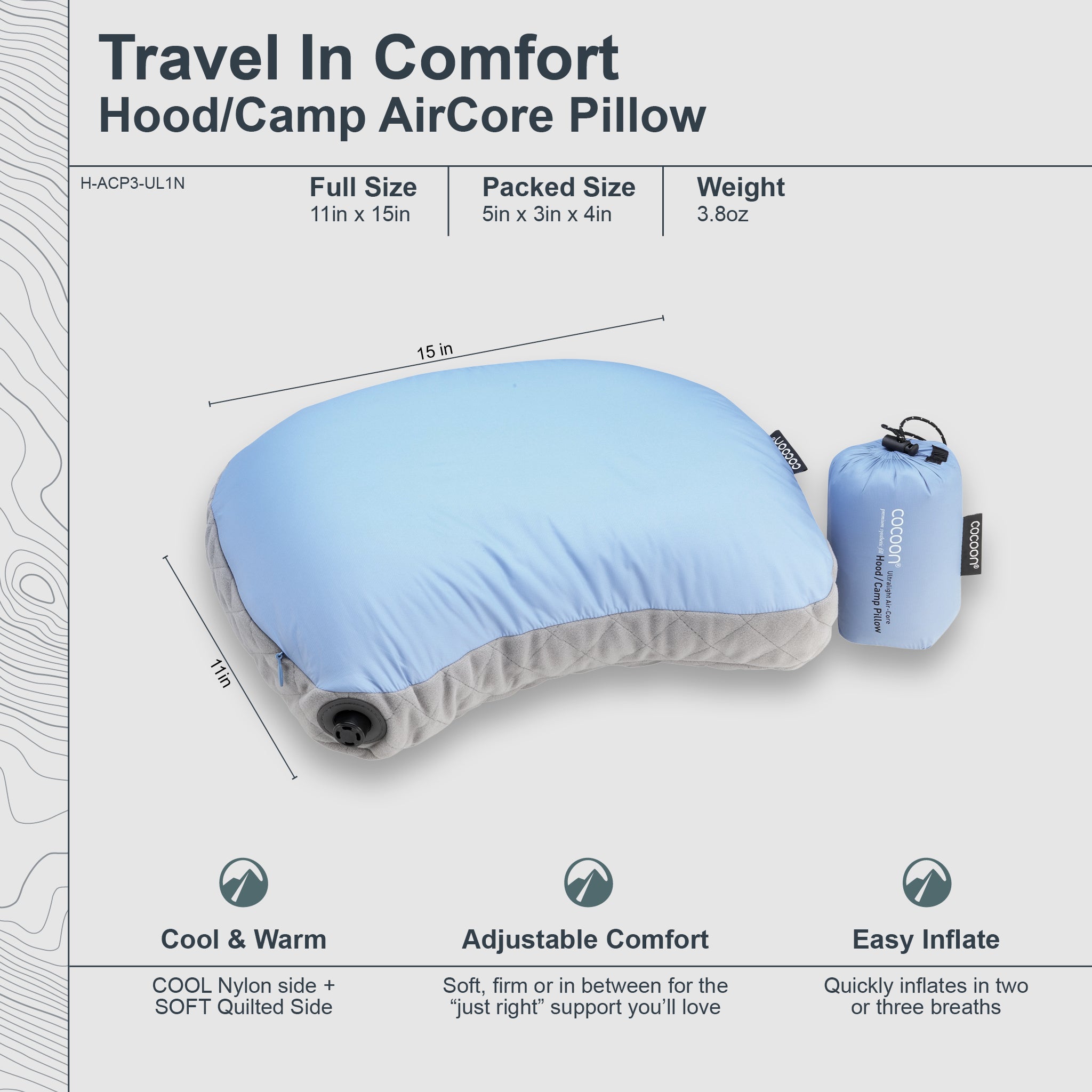Aircore pillow with specifications and features on a white background
