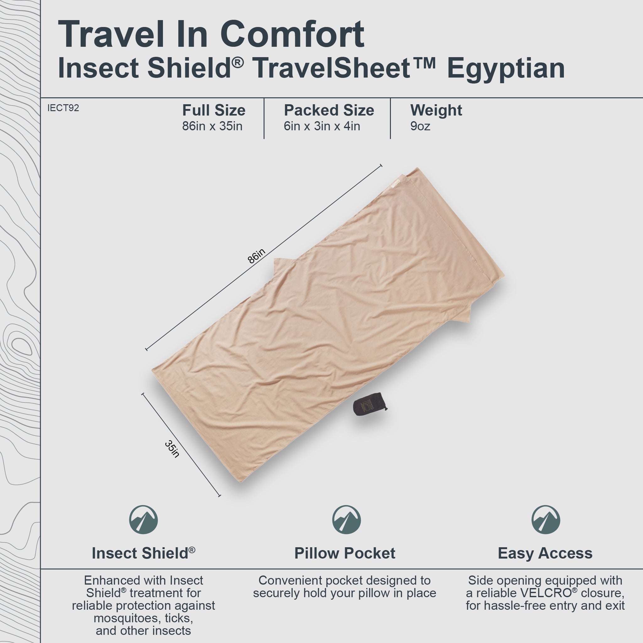 Insect Shield TravelSheet Egyptian with dimensions, weight, and features on a white background