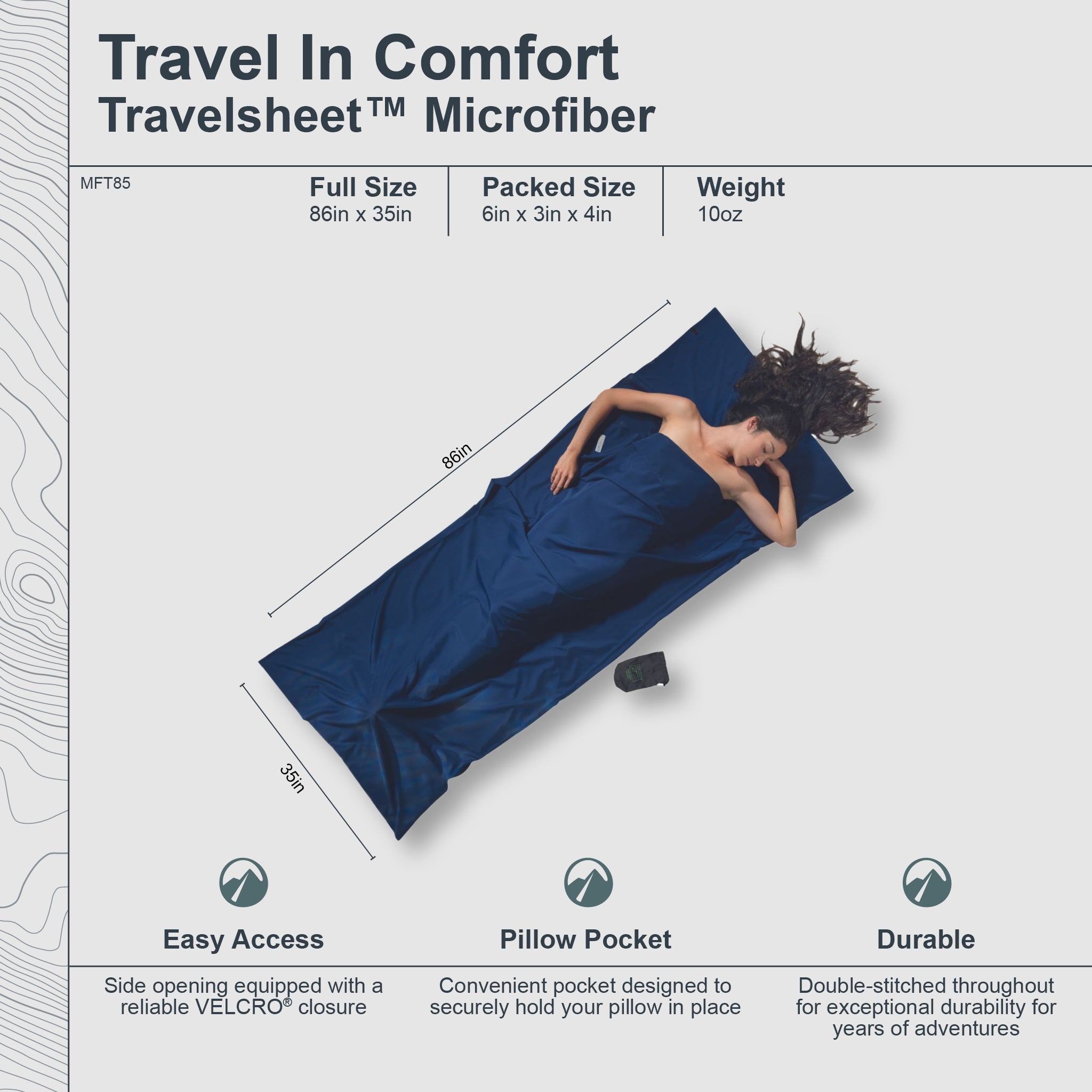 Travel sheet with dimensions and features on a white background