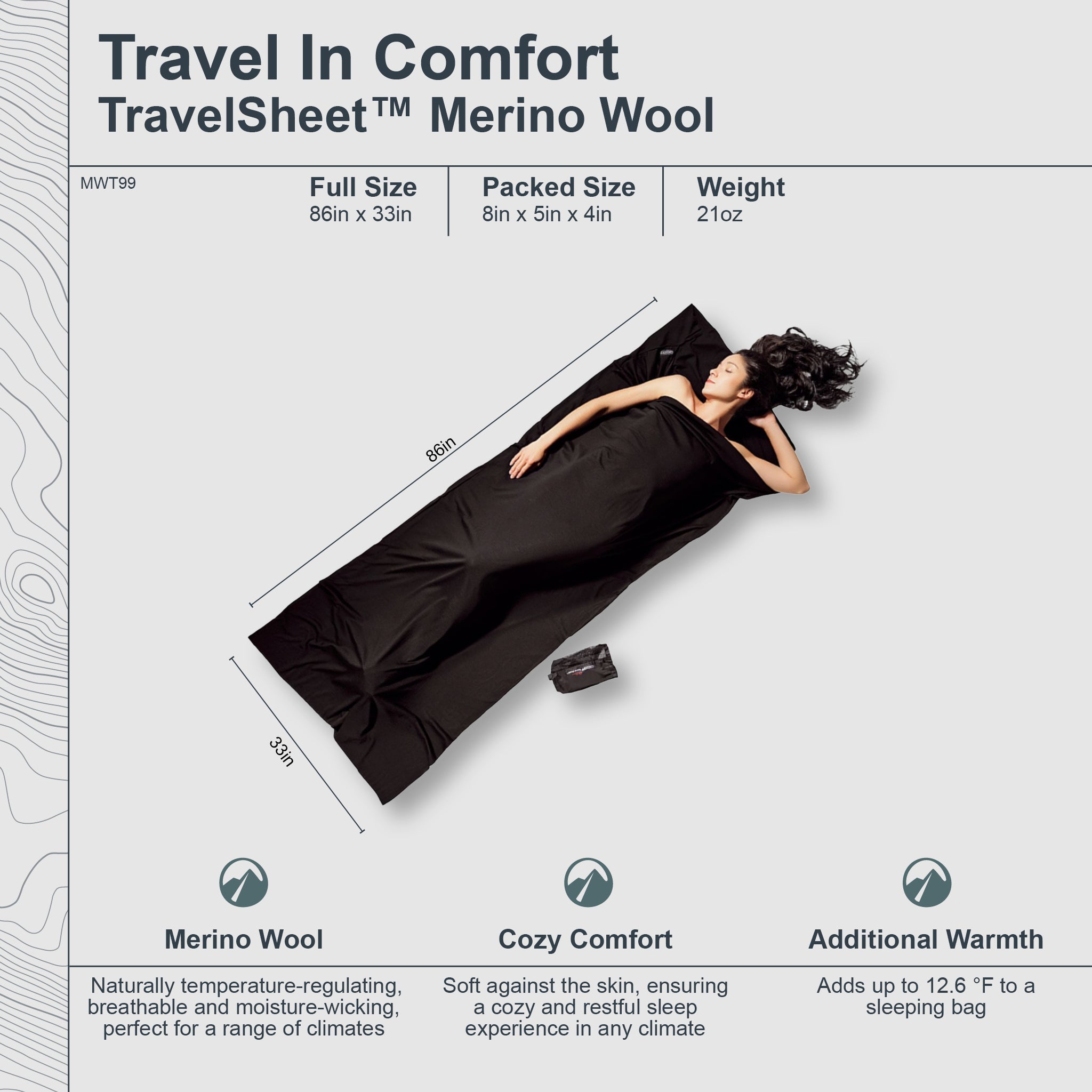 Black travel sheet with a person lying on it, showing product dimensions and features.