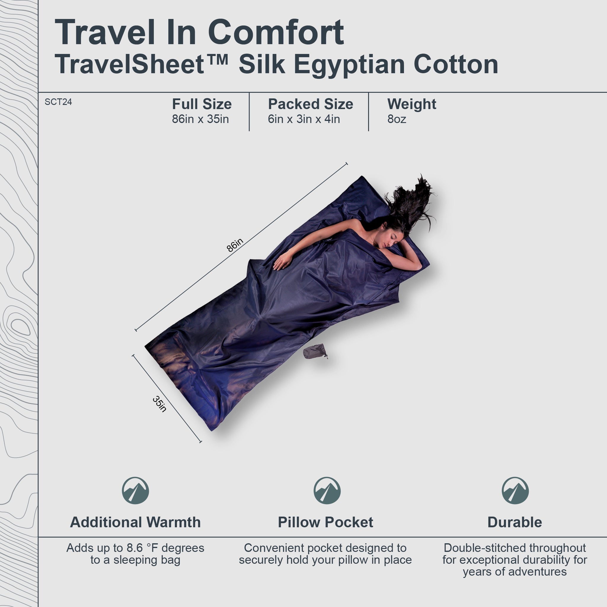 Silk Egyptian Cotton TravelSheet with dimensions and features listed
