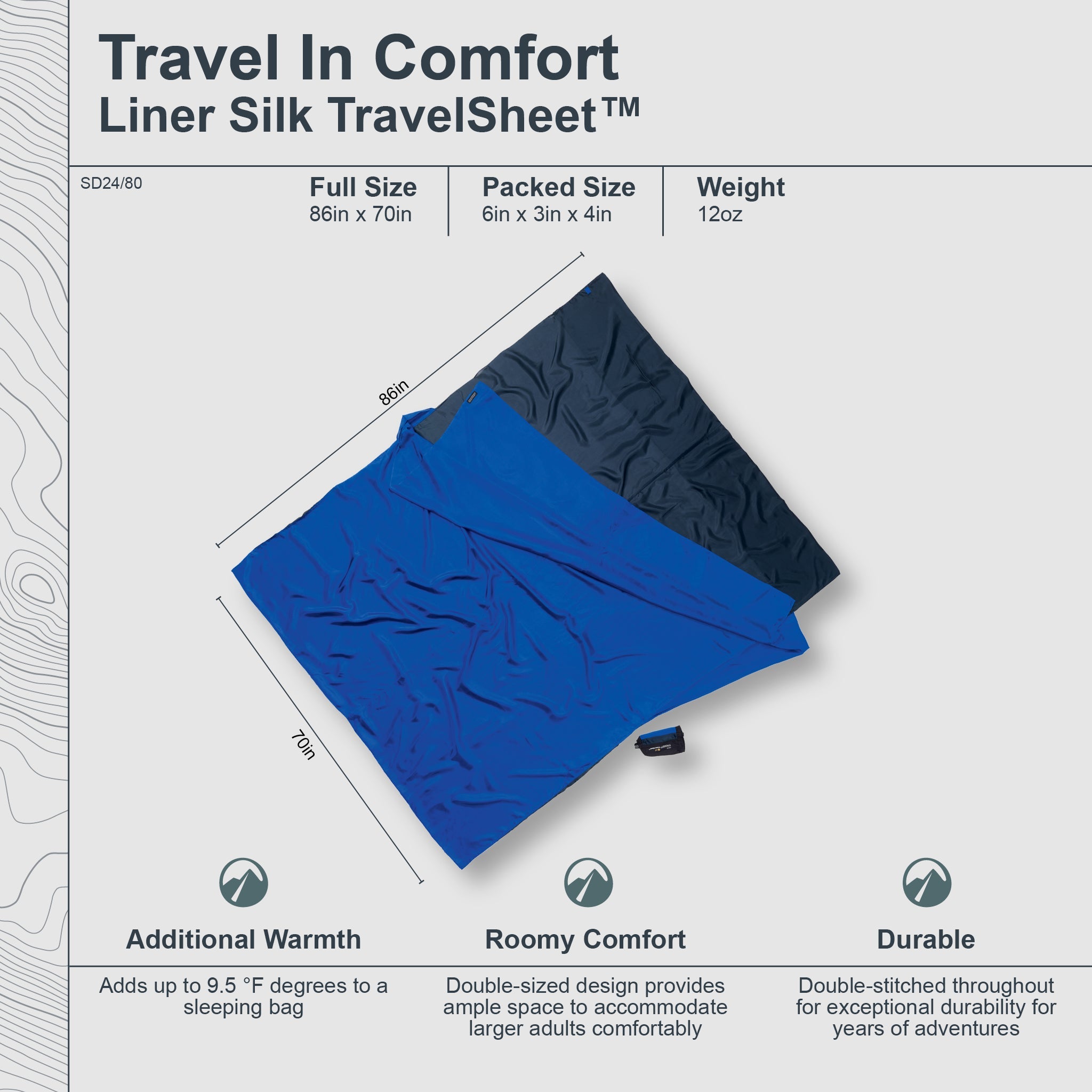 Blue and black travel liner silk travel sheet with dimensions and features on a gray background