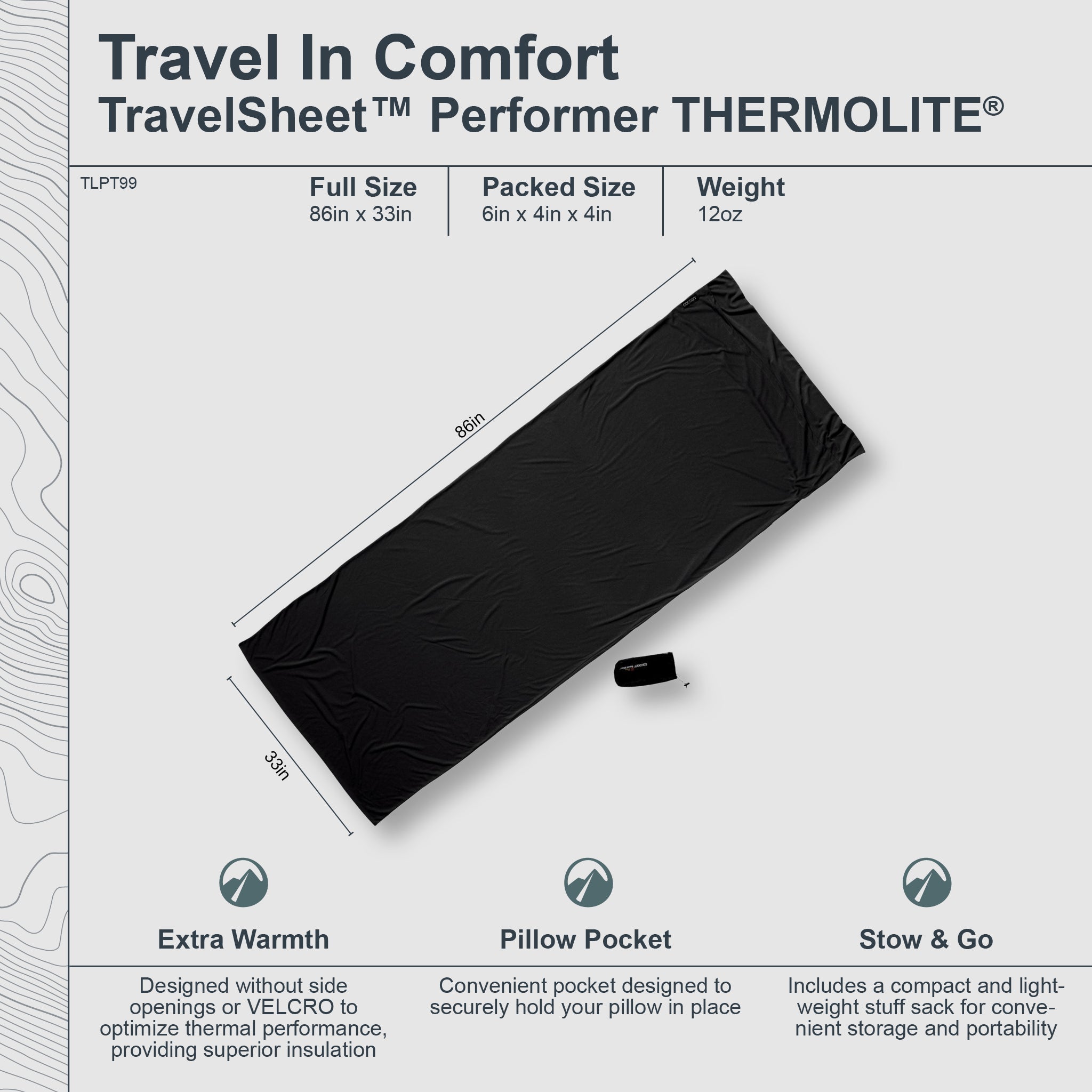 Black travel sheet with product features and specifications on a white background