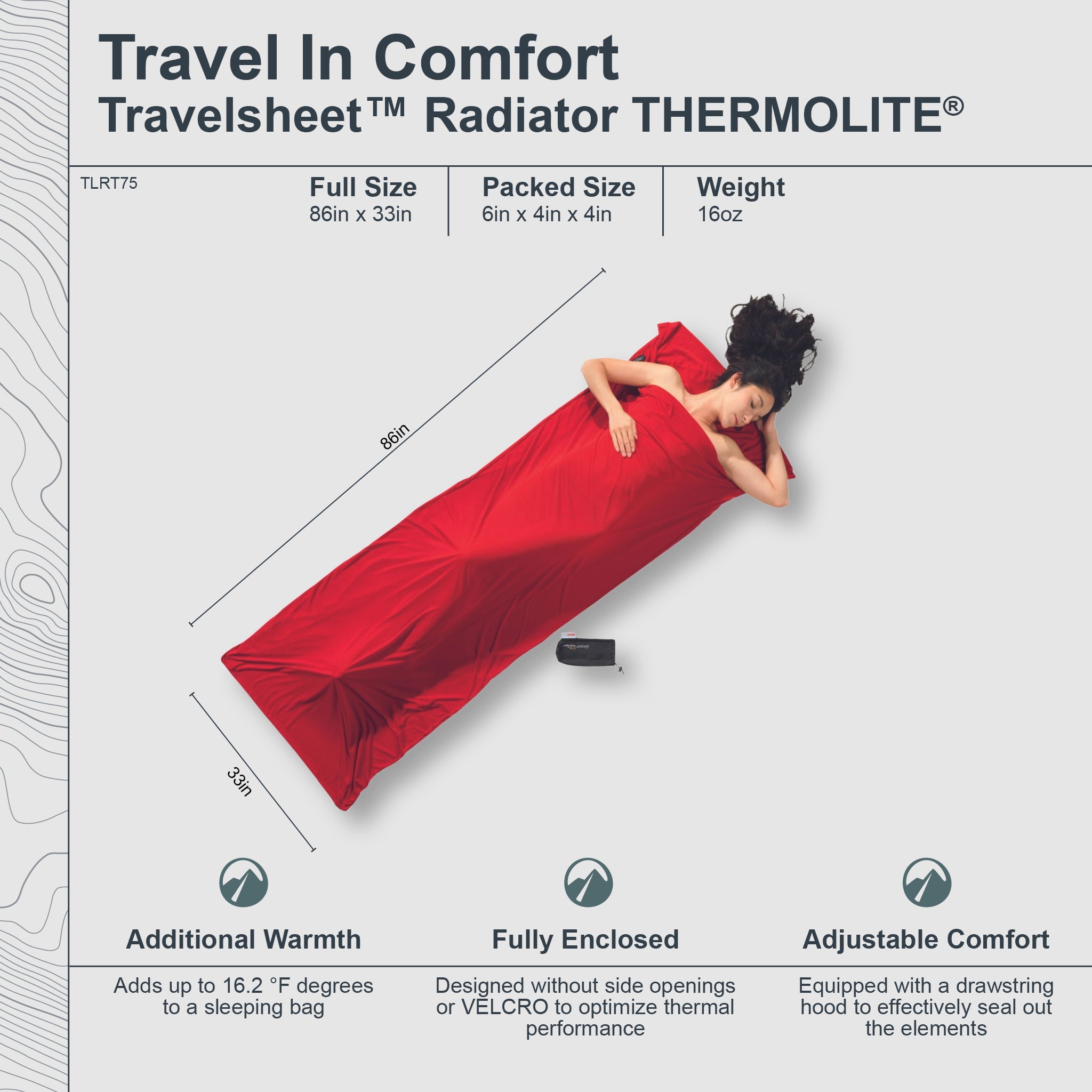 Red Thermolite radiator travel sheet with a person lying on it, shown with dimensions and features.
