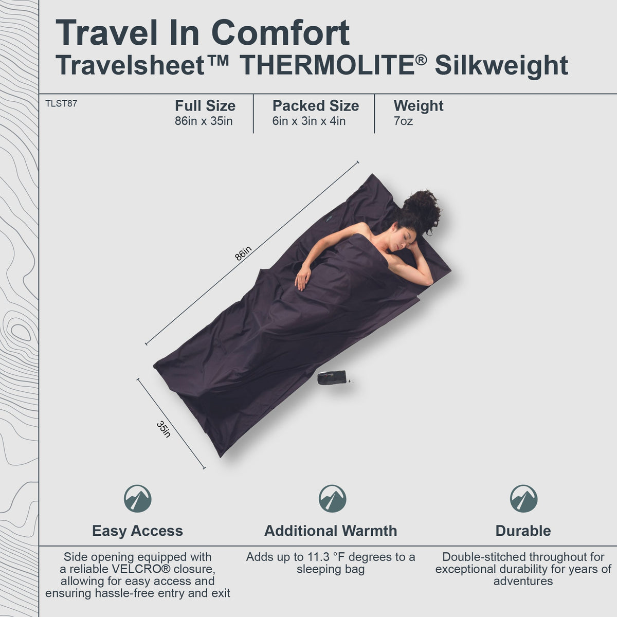Thermolite Silkweight travel sheet with dimensions and features on a white background
