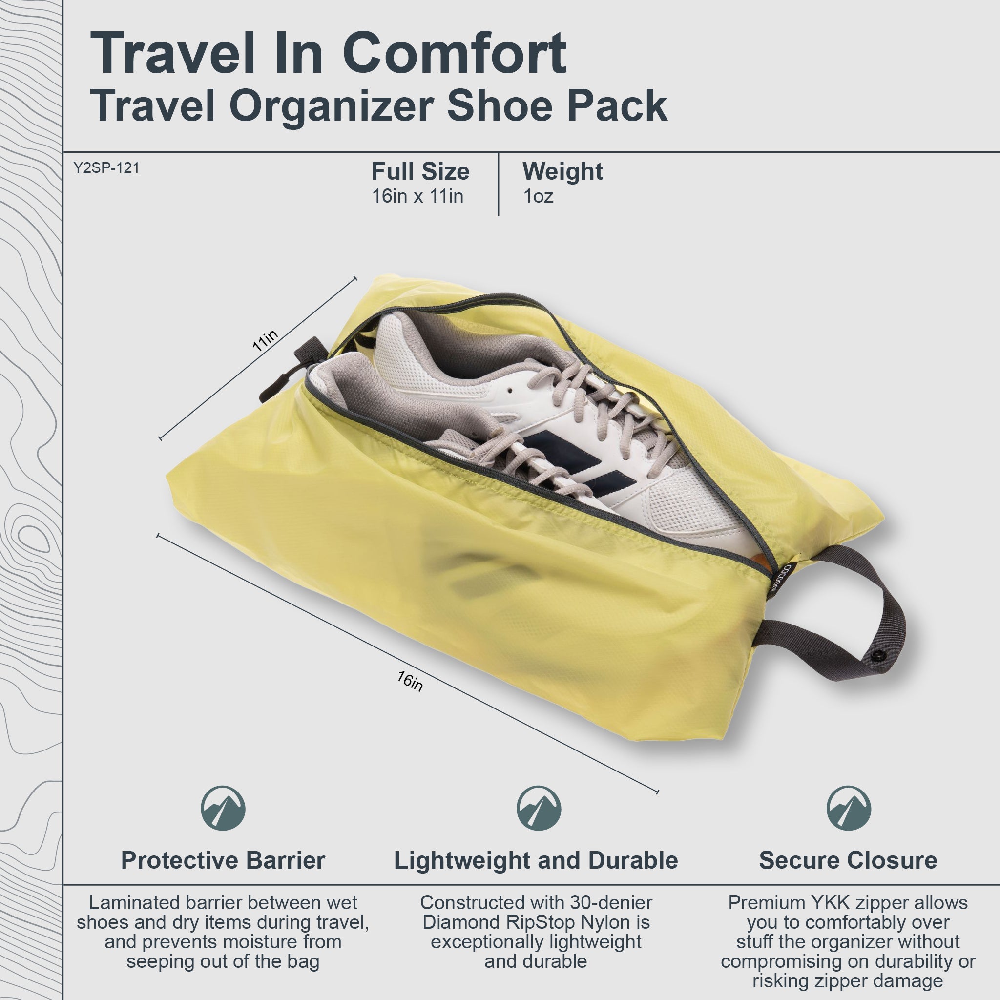 Yellow travel organizer shoe pack with a shoe inside, on a light gray background.