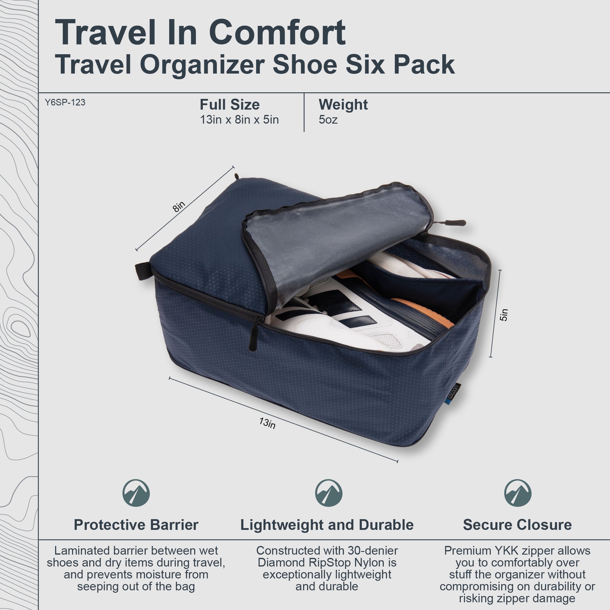 Travel organizer shoe six pack with dimensions and features on a white background