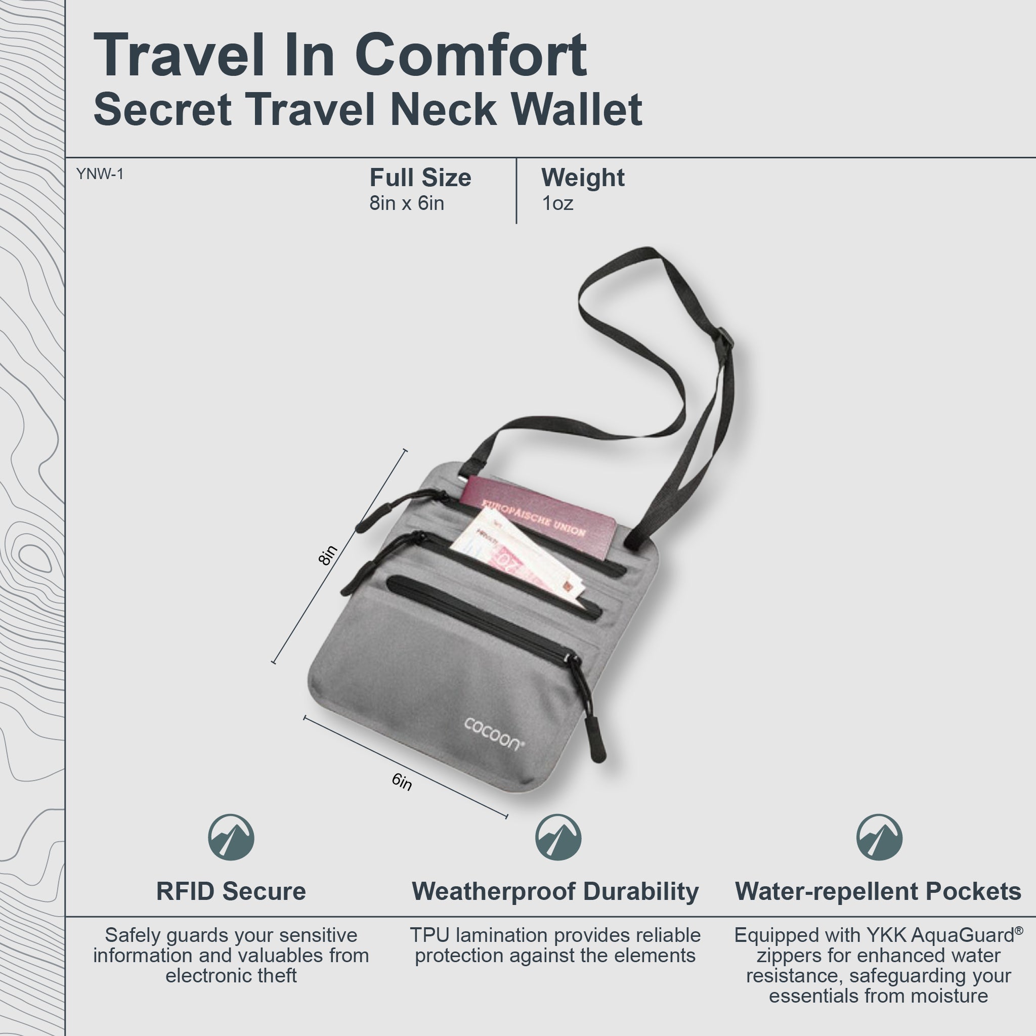 Gray travel neck wallet with strap, dimensions, and features on a light gray background