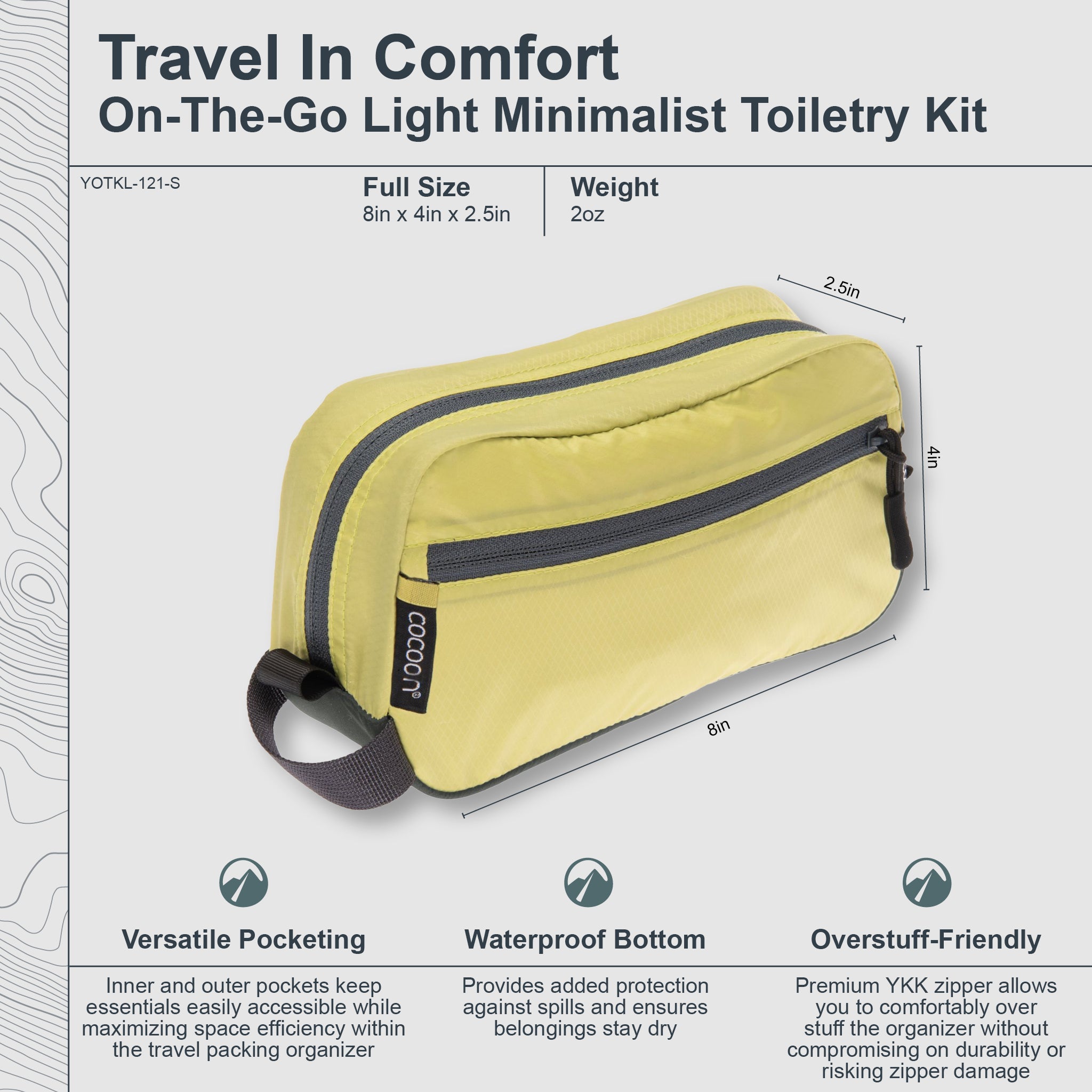 Yellow toiletry bag with black zippers and handles, featuring product details on a light gray background.