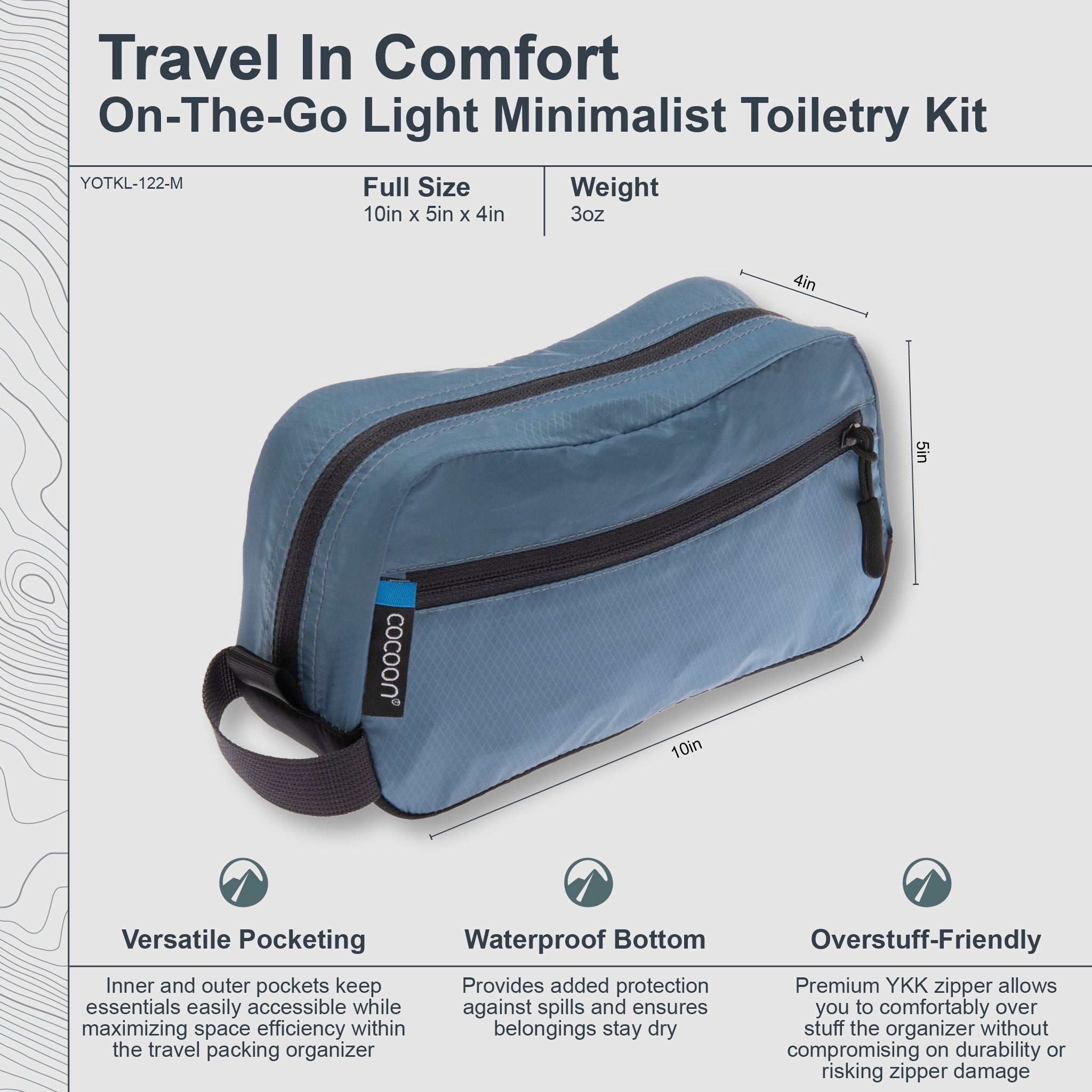 Blue toiletry bag with features and specifications on a light gray background