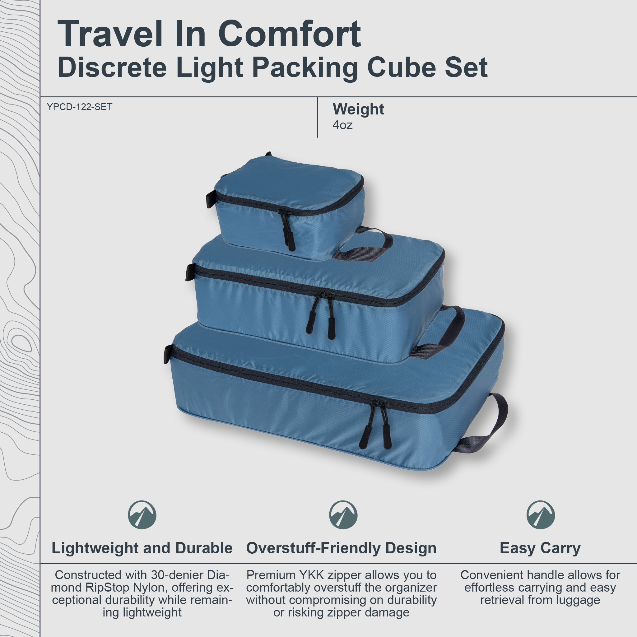 Set of blue packing cubes with text highlighting features on a light gray background