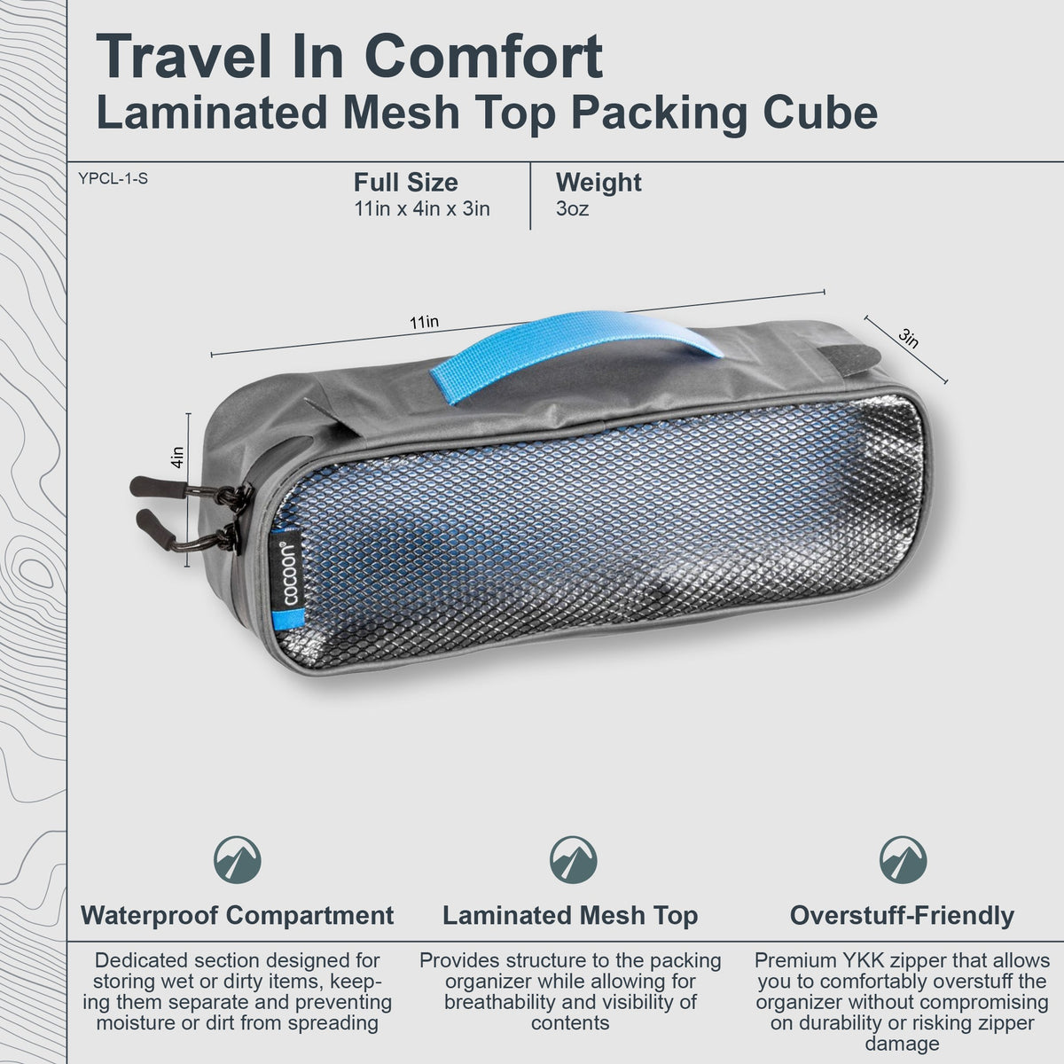 Gray mesh top packing cube with blue handle and text detailing features on a light gray background