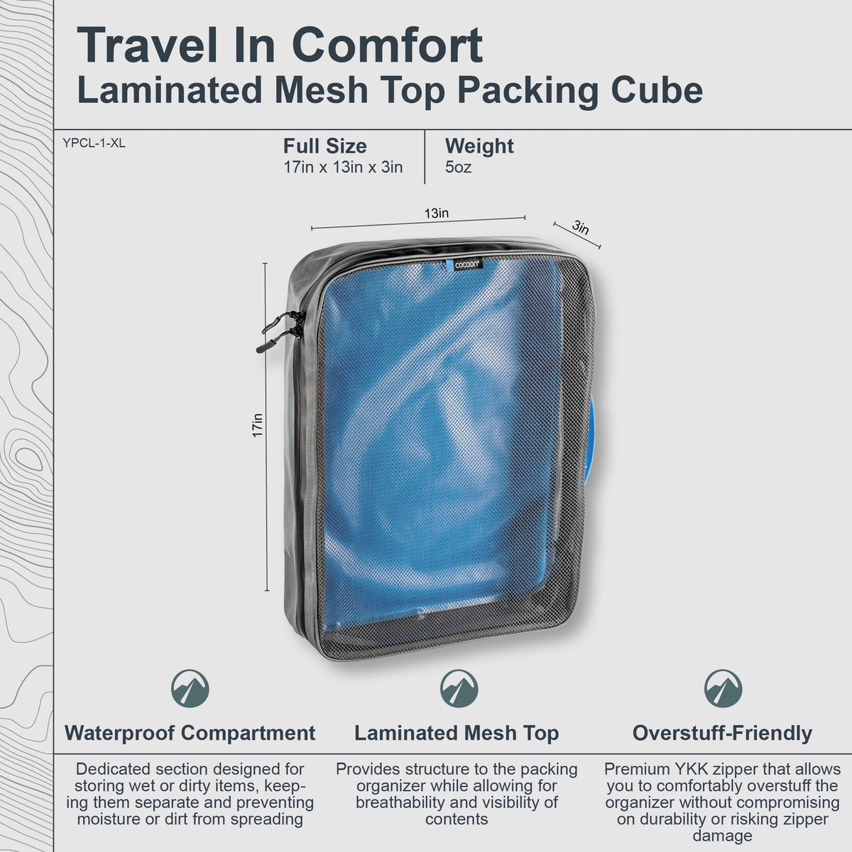 Laminated mesh top packing cube with blue interior, dimensions, and features listed on a gray background.