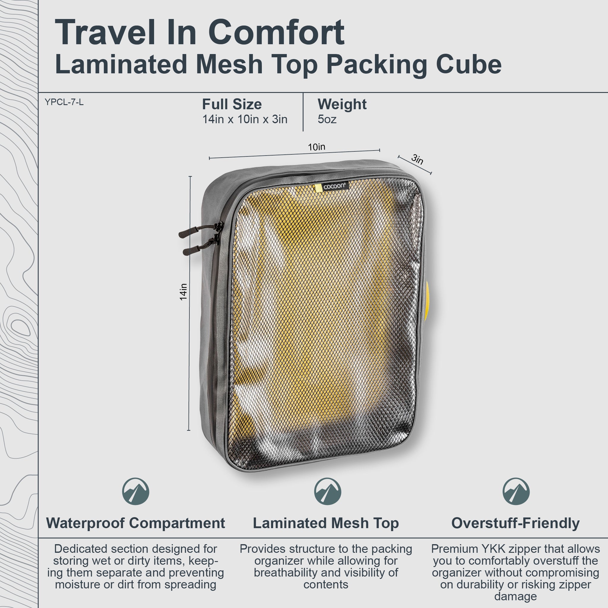 Laminated mesh top packing cube with dimensions and features on a gray background