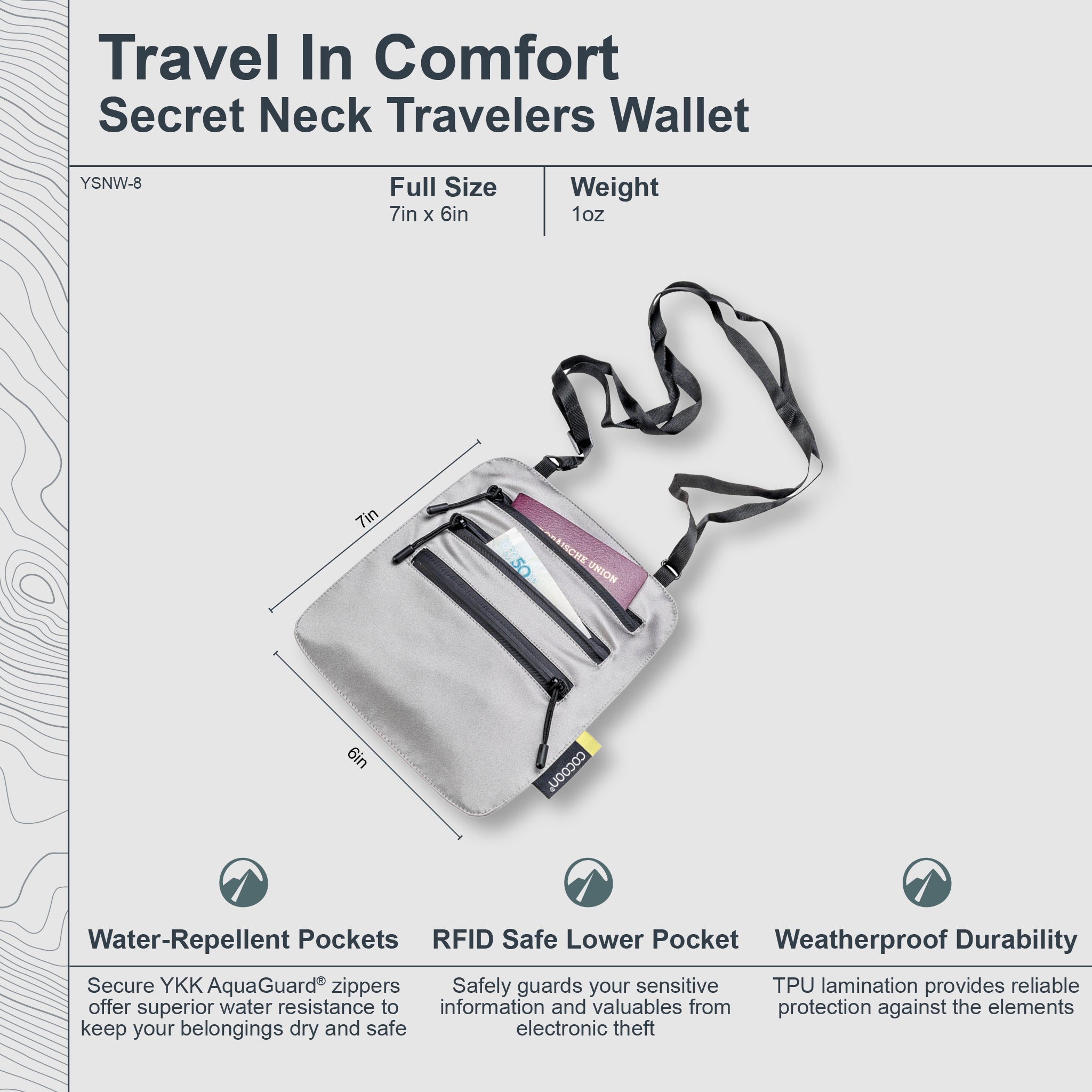 Gray neck travel wallet with strap on a light gray background, featuring text about its features.