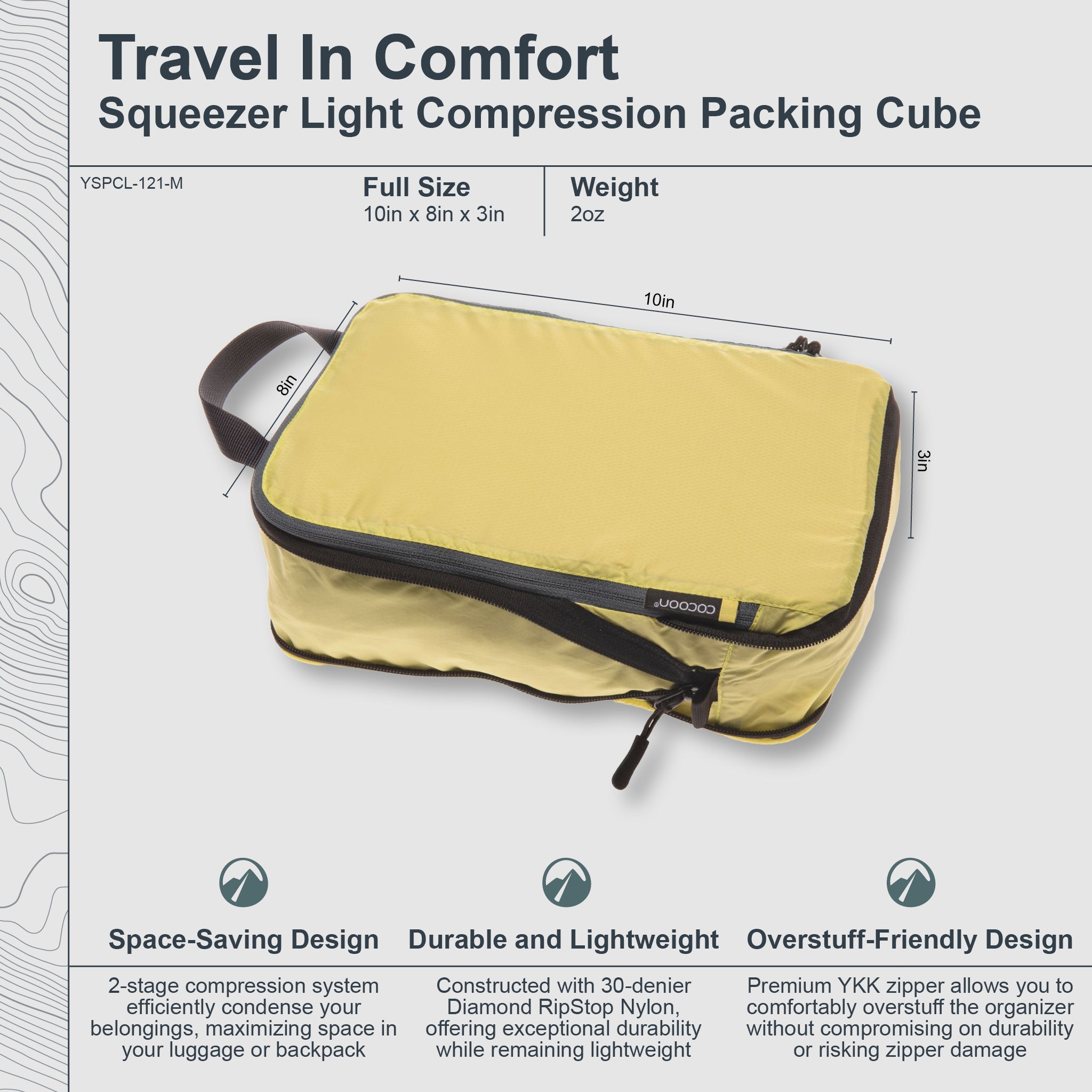 Yellow compression packing cube with black zipper on a gray background, featuring text and dimensions.