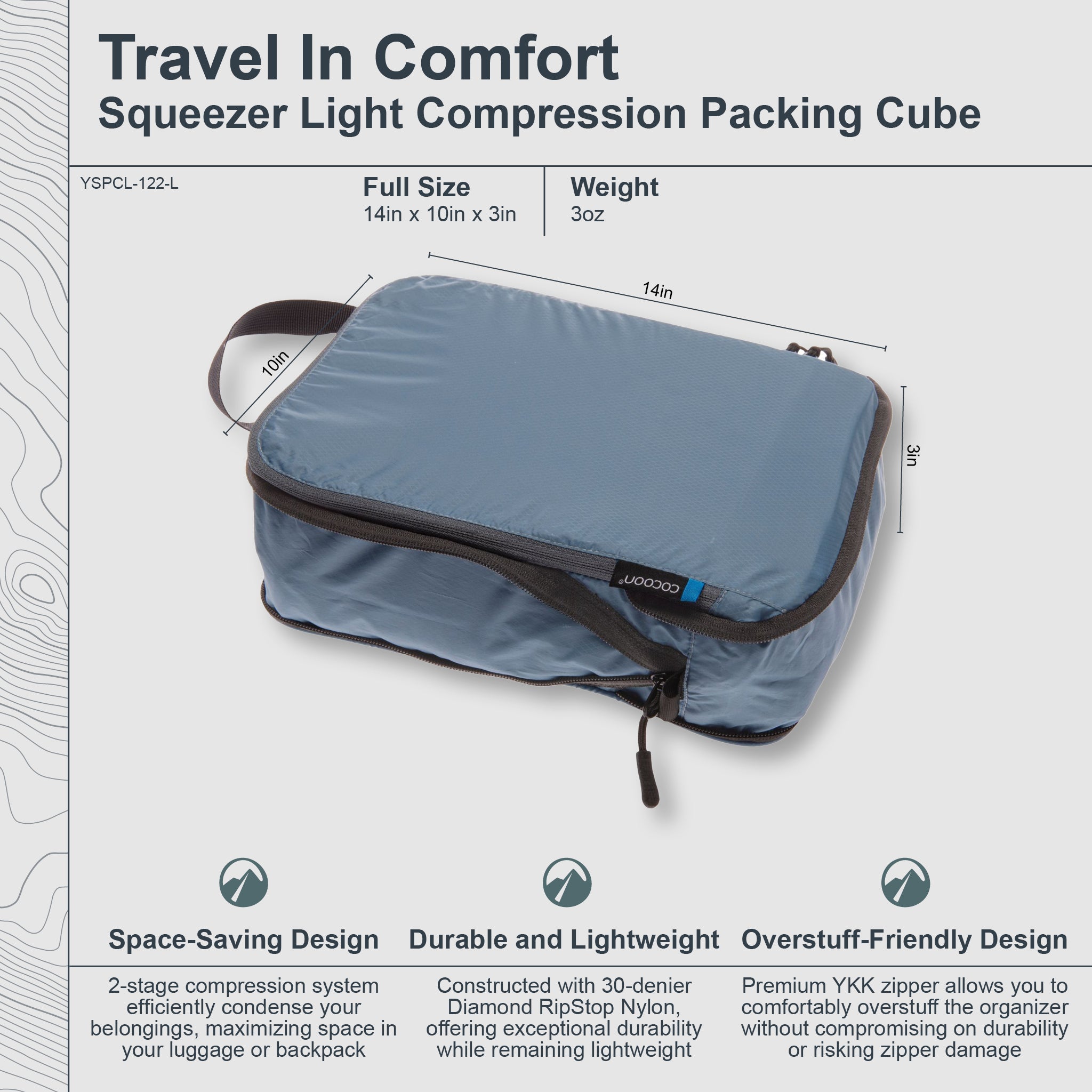 Travel compression packing cube with dimensions and features on a gray background