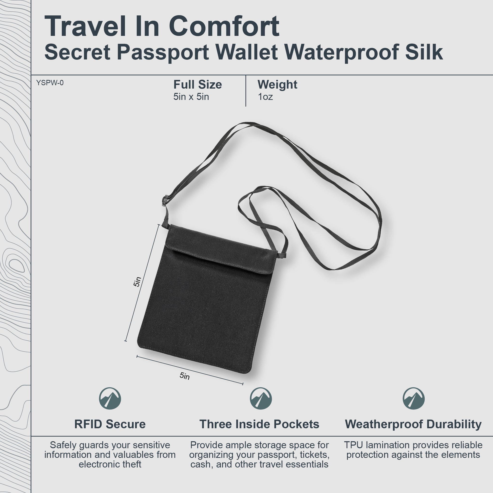 Black travel pouch with strap on a white background, featuring product details and features.