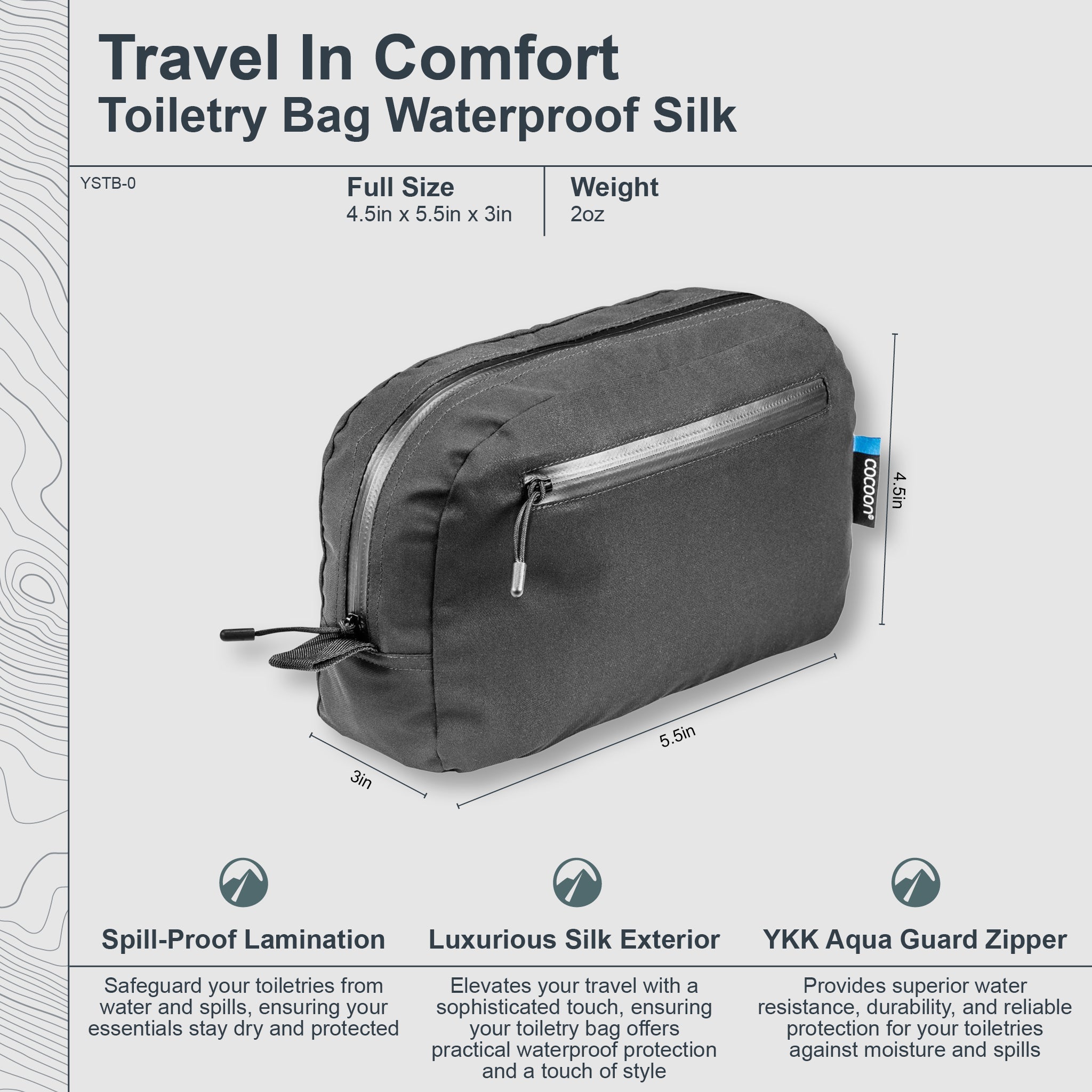 Gray toiletry bag with dimensions and features on a white background