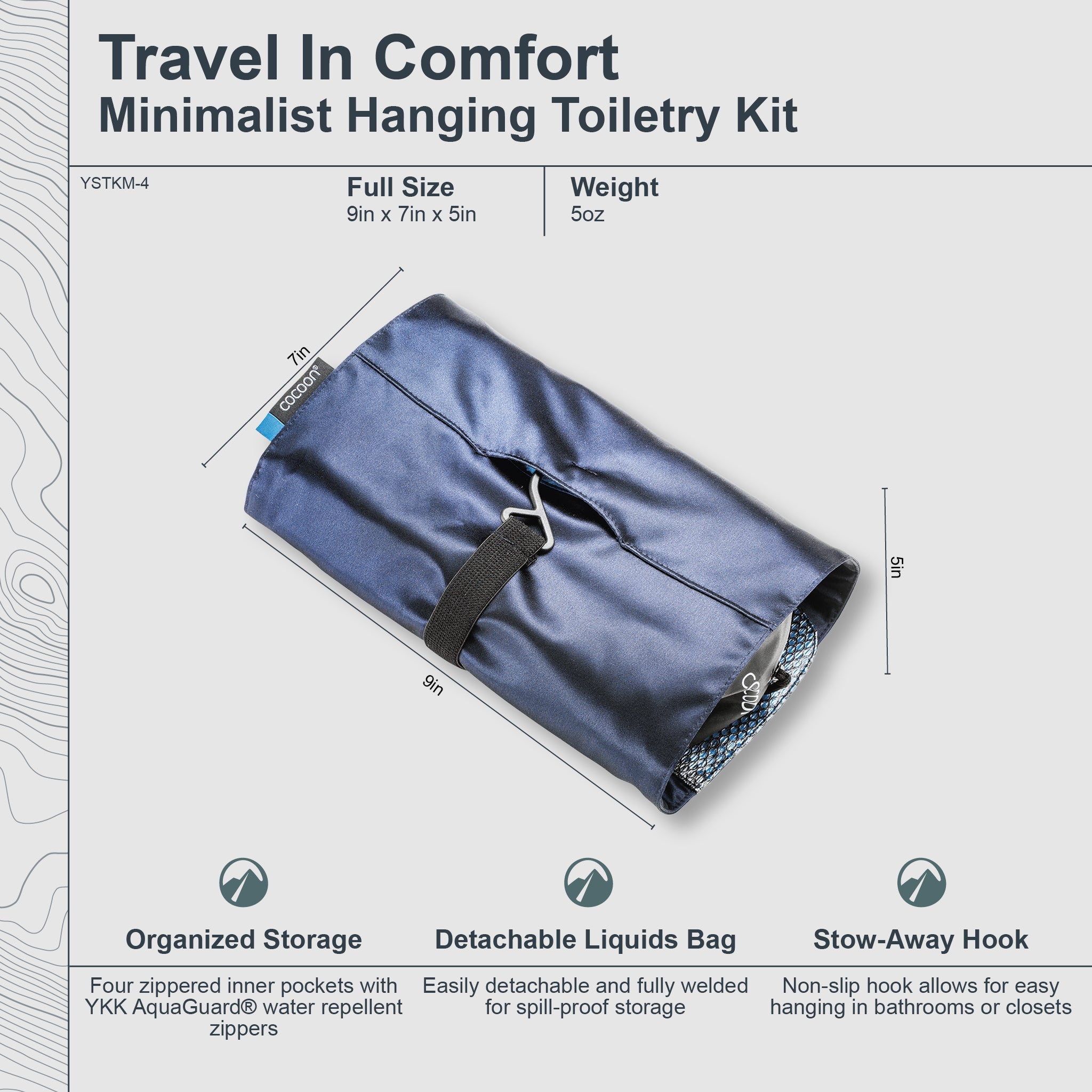 Blue toiletry bag with dimensions and features on a white background