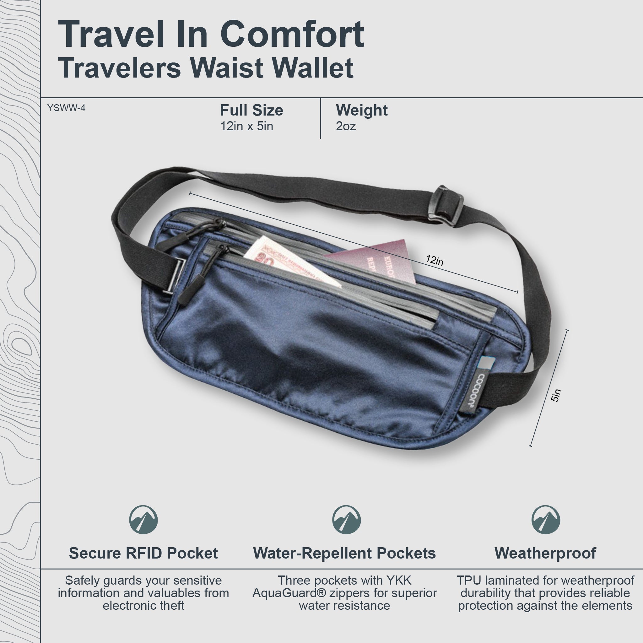 Travelers waist wallet with features highlighted on a gray background