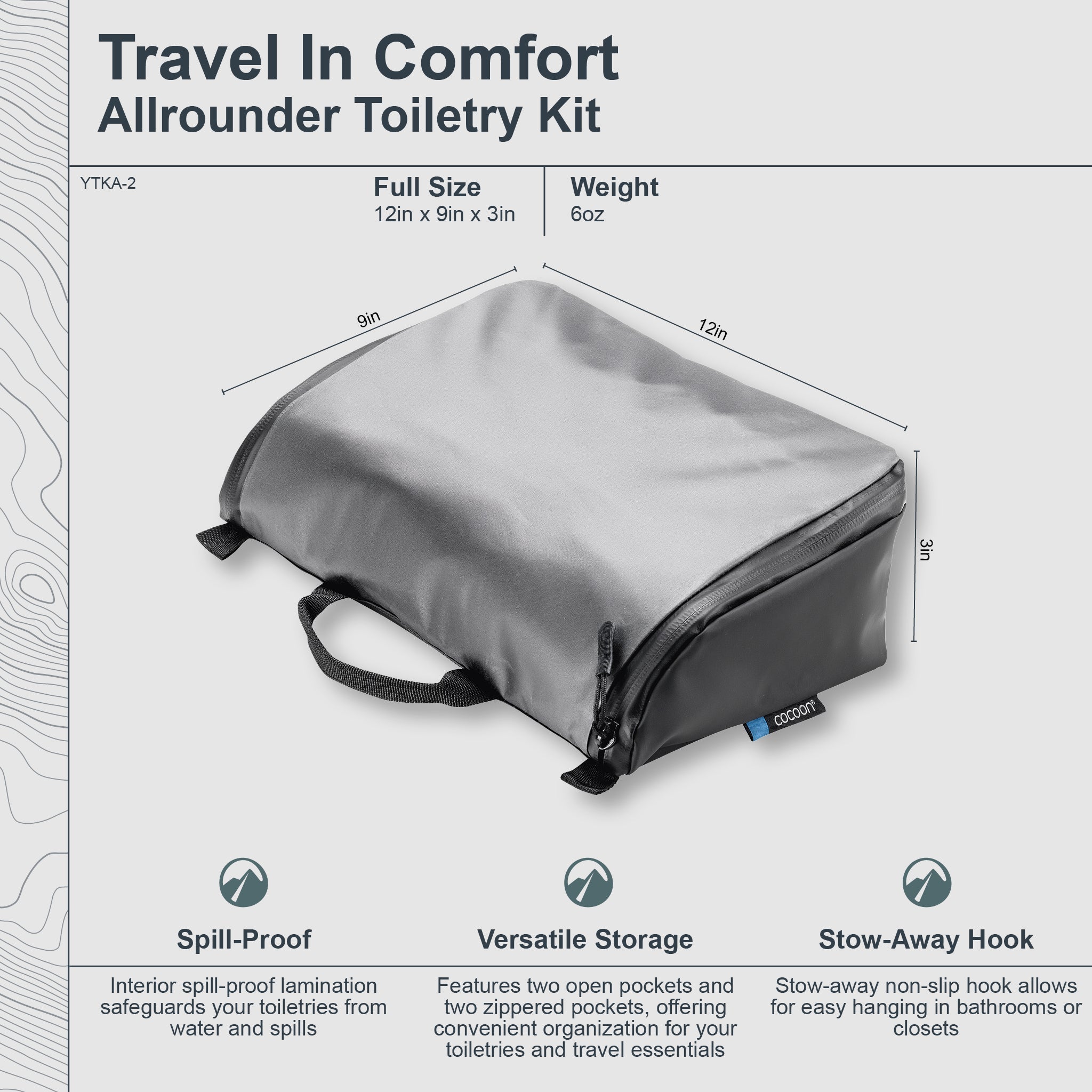 Gray toiletry bag with dimensions and features listed on a white background