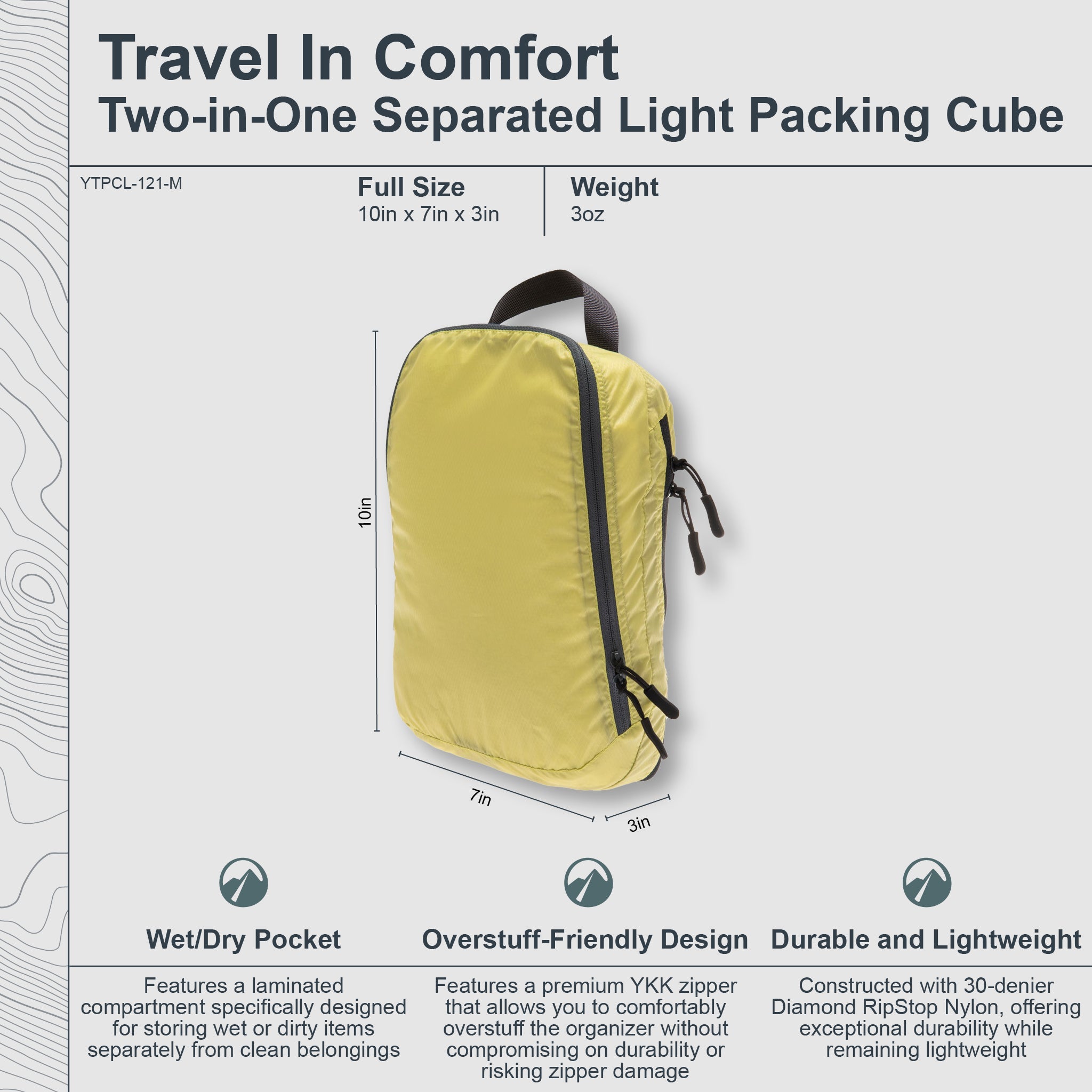 Yellow two-in-one separated light packing cube with dimensions and features on a white background