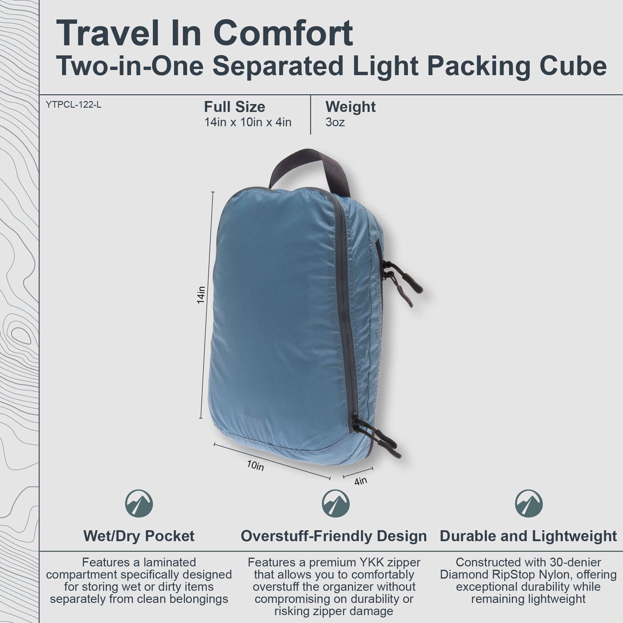 Two-in-one separated light packing cube with blue bag and text details on a white background
