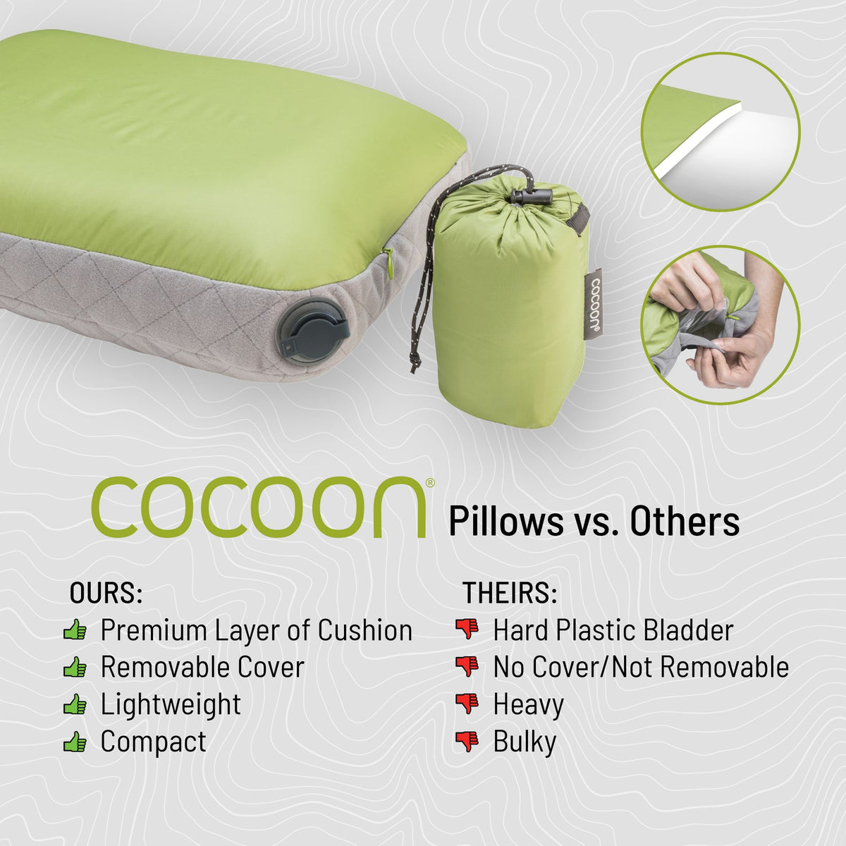 Cocoon inflatable pillow with packaging and comparison text on a white background