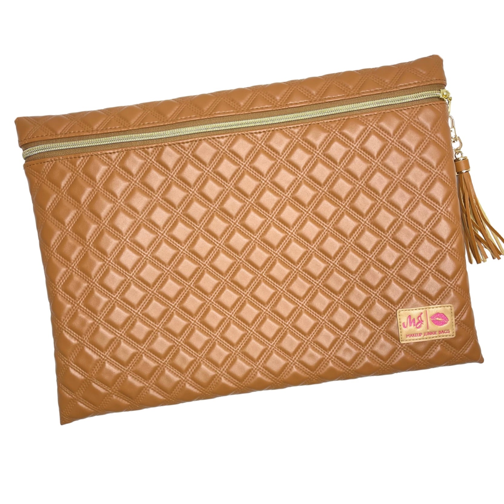 Quilted brown clutch bag with a visible brand logo on a white background