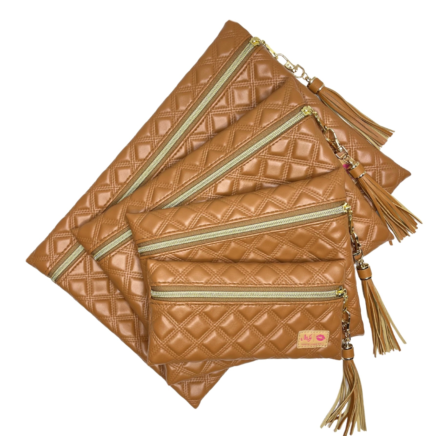 Quilted brown leather clutch with gold zipper and tassel on a white background