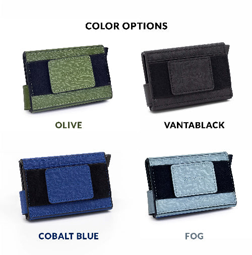 Four card holders in different colors with labels on a white background