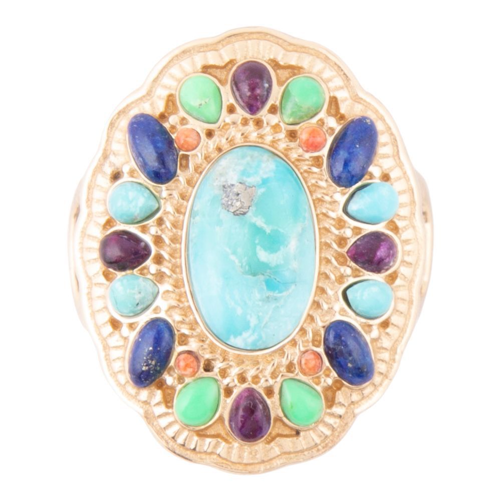 Ring with colorful gemstones on a white background