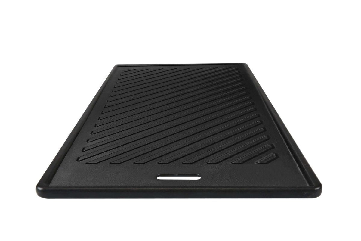 Black grill pan with ribbed surface on a white background