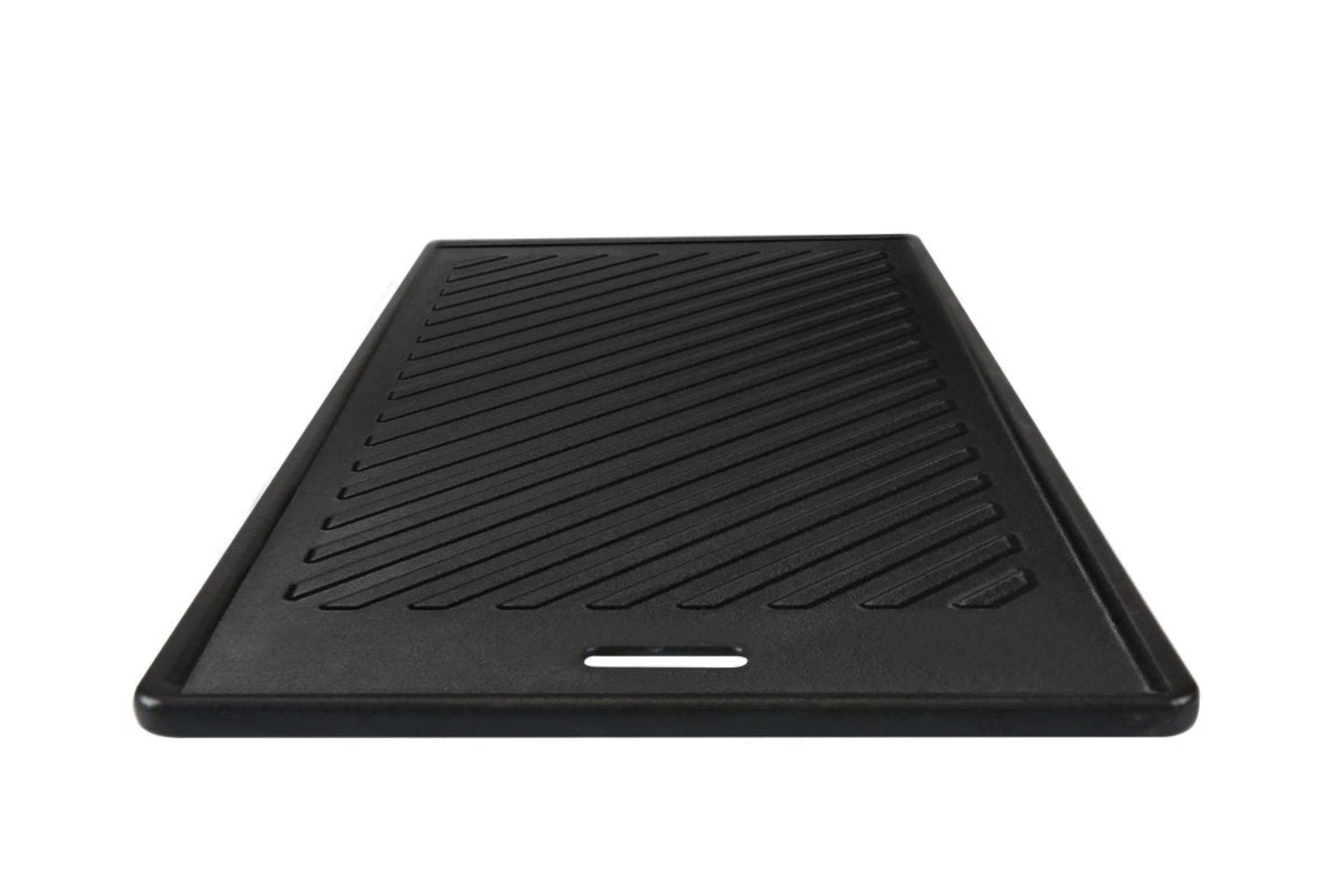 Black grill pan with ribbed surface on a white background