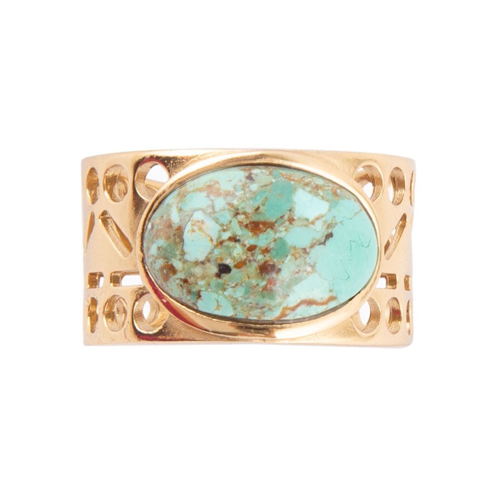 Gold ring with a turquoise stone on a white background
