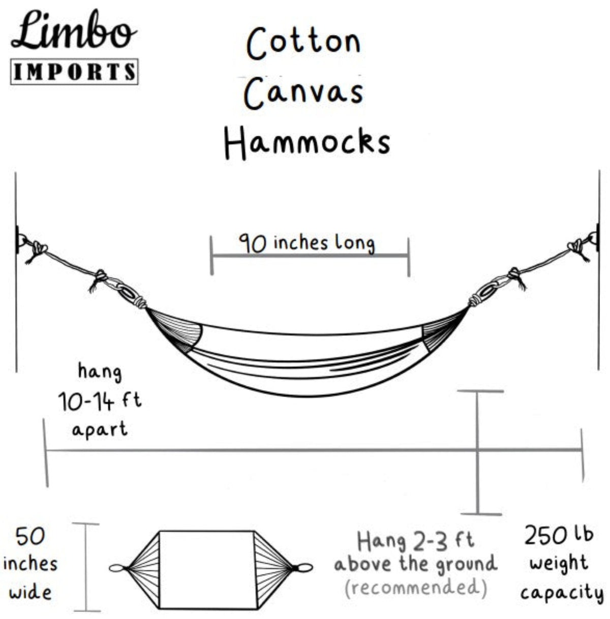Diagram of a cotton canvas hammock with dimensions and setup instructions.