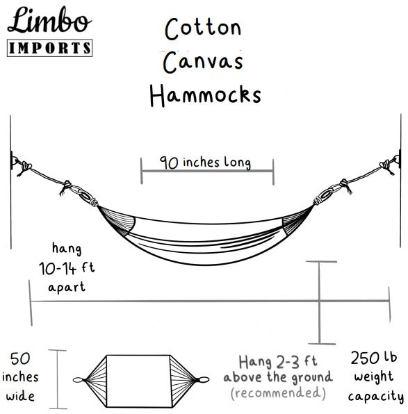 Diagram of a cotton canvas hammock with dimensions and setup instructions.