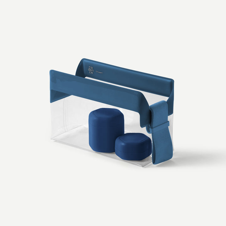 Blue geometric object with clear plastic stand on a white background