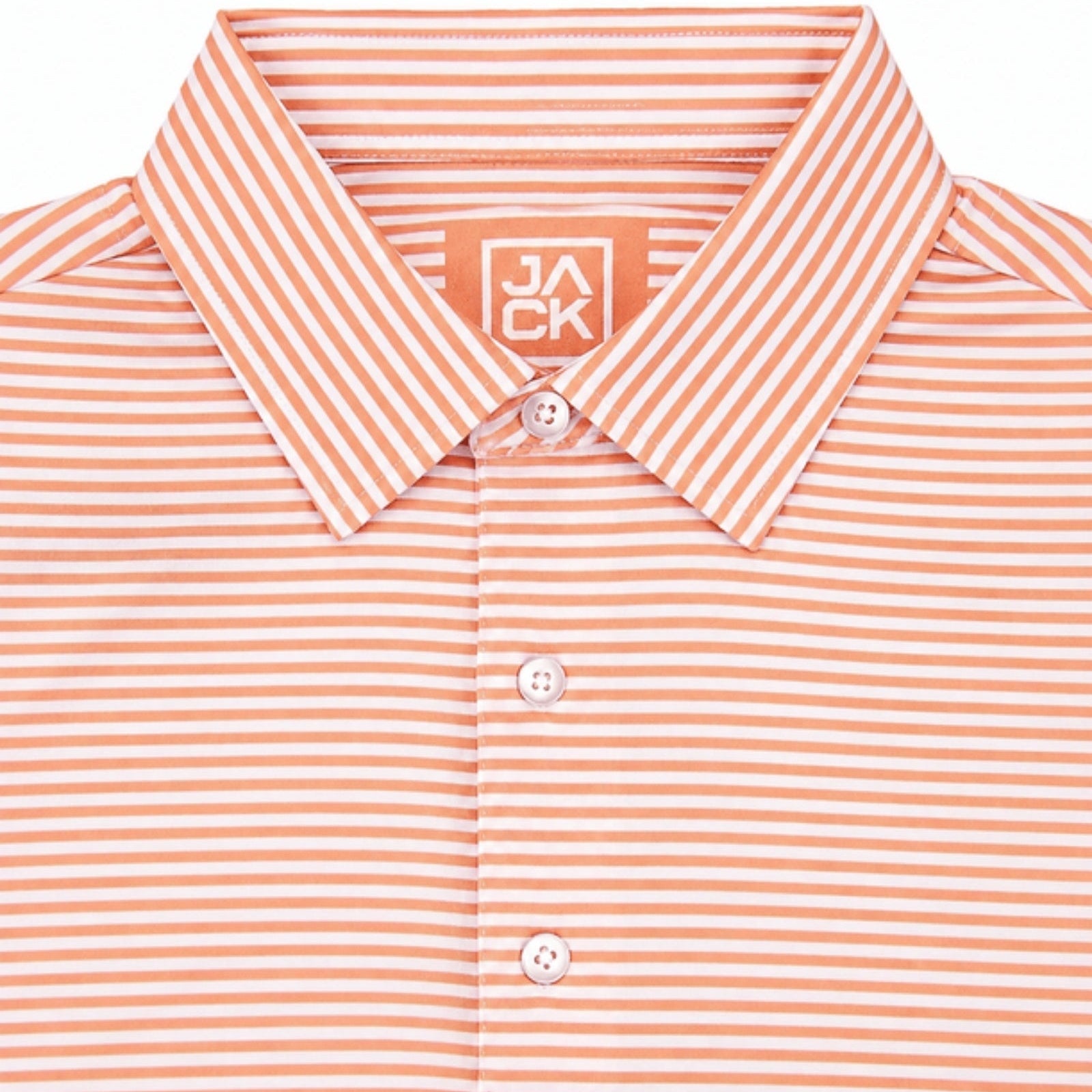 Close-up of a children's short-sleeve polo shirt with thin orange and white horizontal stripes, featuring a classic collar, white buttons, and a visible JACK brand label inside the collar.