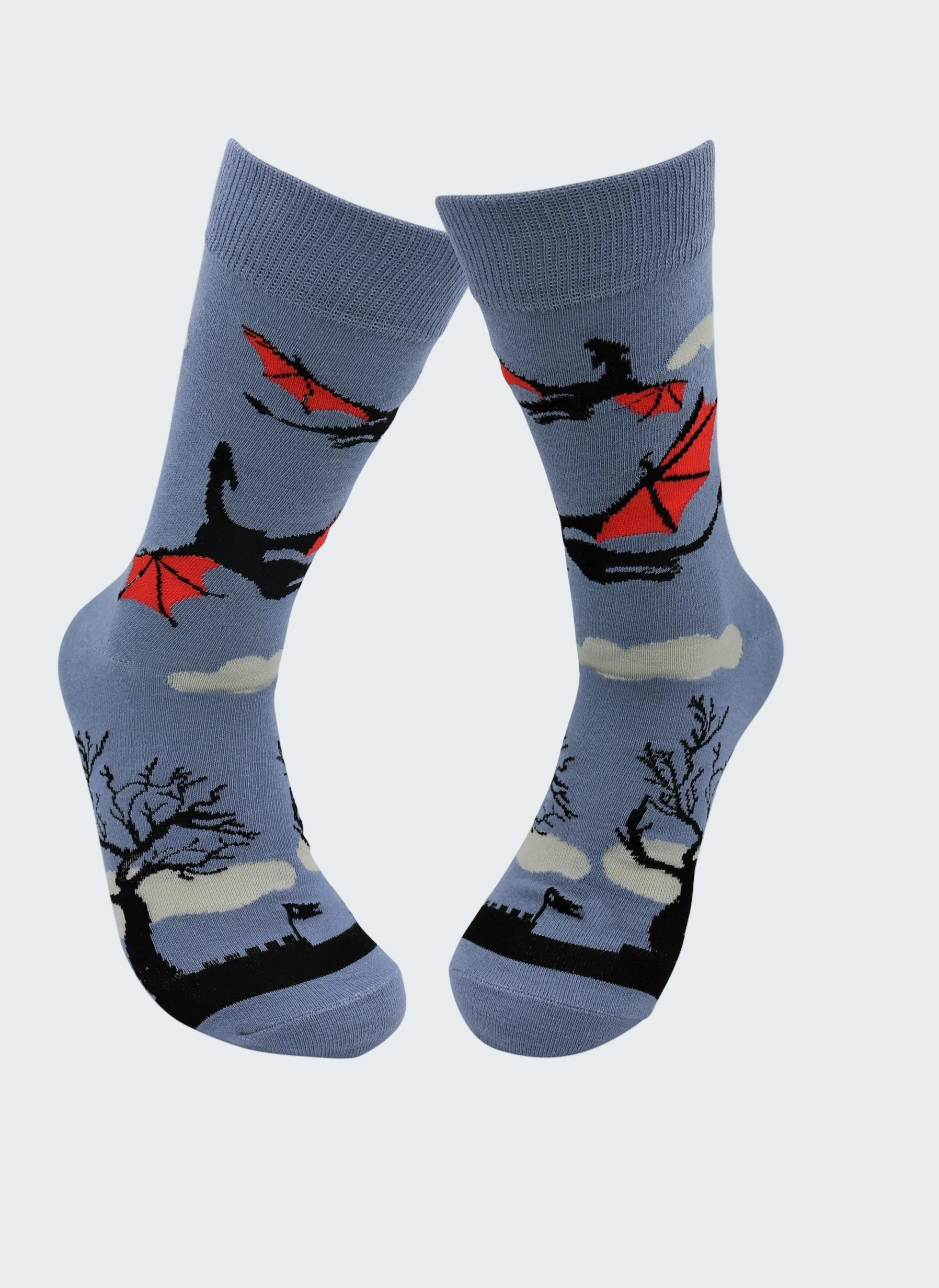 Blue socks with black and red airplane design on a white background